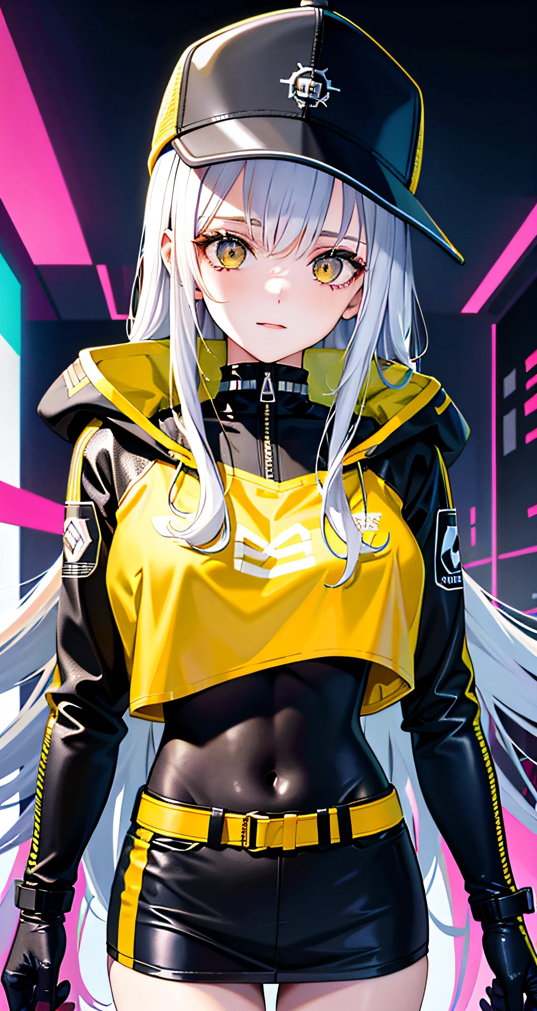1girl in, Long silver hair, hat, cyberpunk jackets, cyberpunk jackets, Female, Yellow T-shirt, Big Miss, Upward view