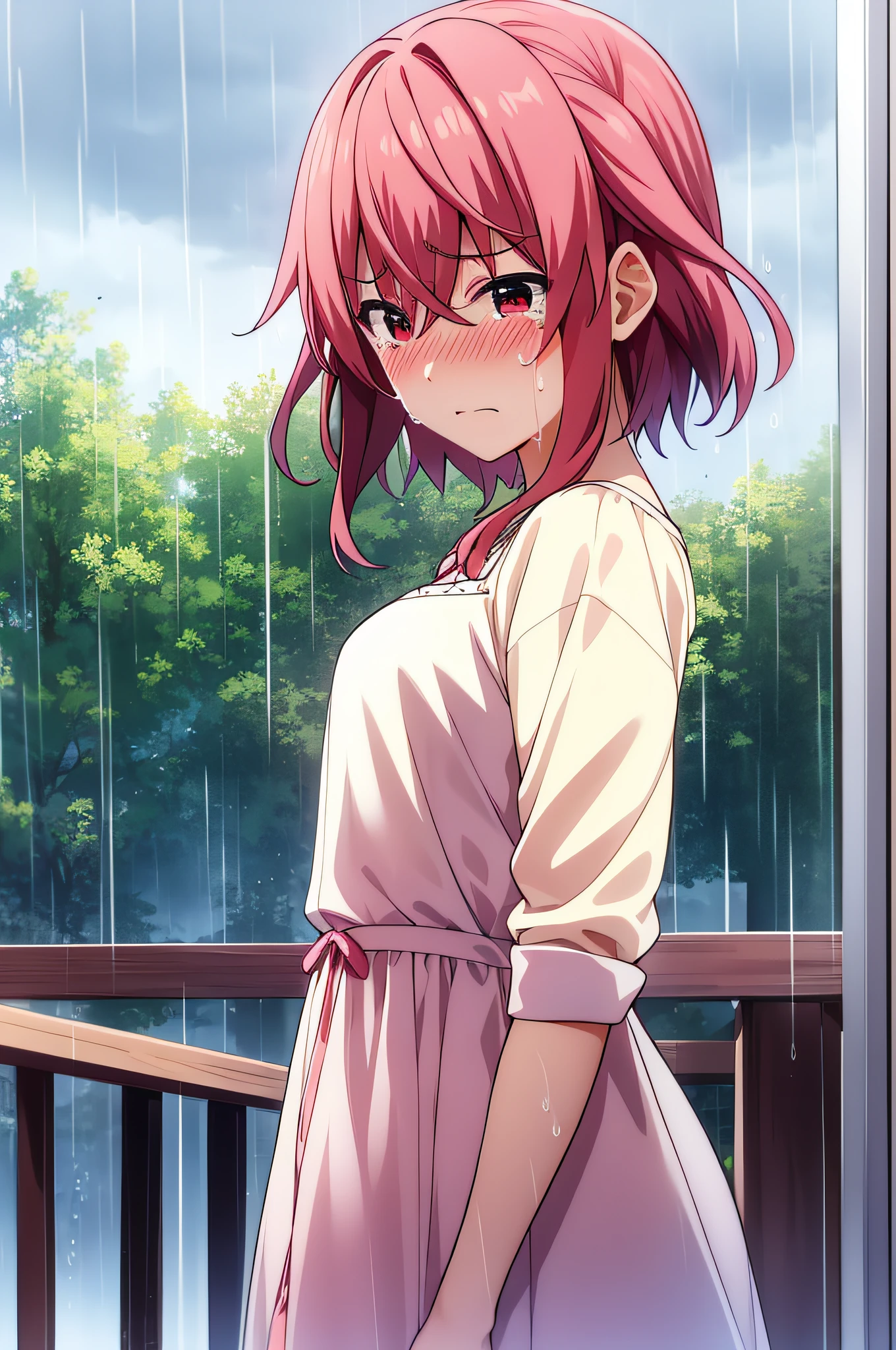 1girl in, Bangs, eyebrows visible through hair, Short hair, Reddish-pink hair, Akane_Aimra,  Casual dress, Crying, Blushing,Sad reaction, Rain, rainy day, cloudy day,