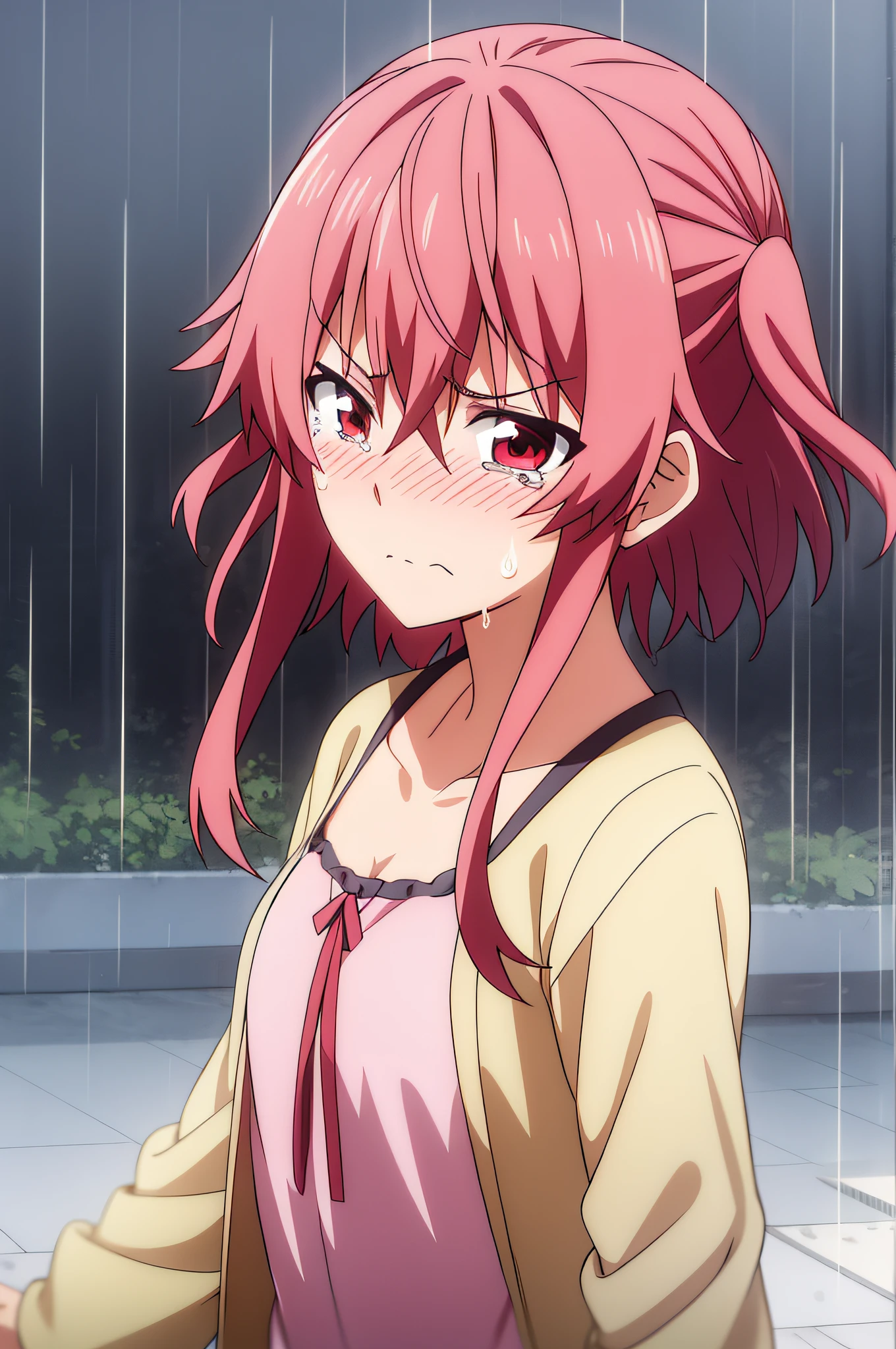 1girl in, Bangs, eyebrows visible through hair, Short hair, Reddish-pink hair, Akane_Aimra,  Casual dress, Crying, Blushing,Sad reaction, Rain, rainy day, cloudy day,