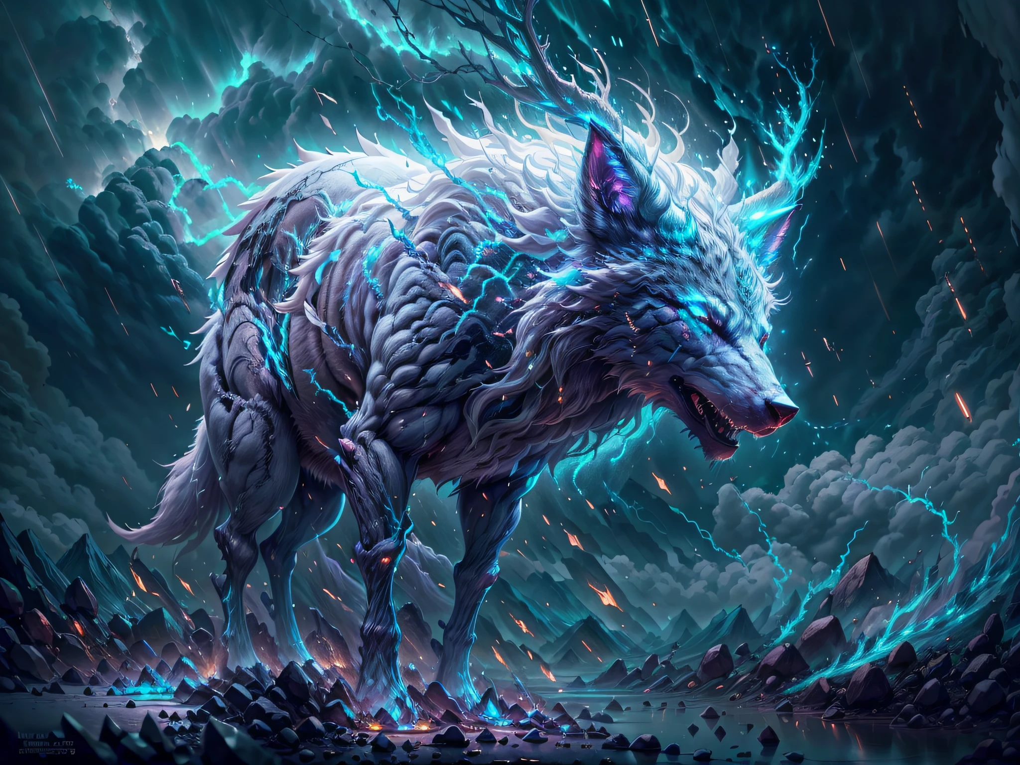Mythical wolf, White azure fur cover body, Deer antlers, Wolf in a thunderstorm, The magic of lightning pierces the body, Sharp teeth and claws, Stand on four legs, Energy aura, Darkray,Detailed,Realistic,4K highly detailed digital art,Octane Render, bio luminescent ,8K resolution concept art, Realism,by Mappa Studios,masutepiece,Best Quality,Official art,Illustration,ligne claire,(Cool_Color),Perfect composition,absurderes, Fantasy,Focused,rule of third