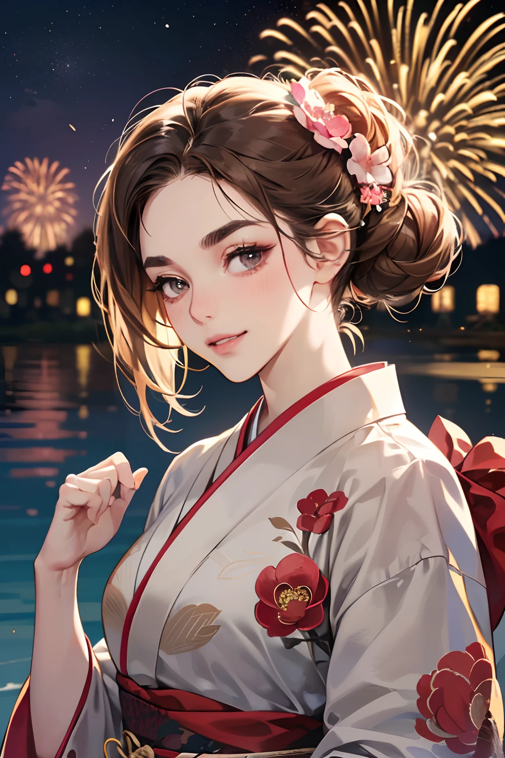 (masutepiece, Digital Art, Digital Illustration, 4K, 8K, Ultra-detailed, beautiful image, Sharp Image, Photorealistic, Raw photo, Perfect face, Perfect lines, Perfect eyes, Soft lighting) 1 woman, (lightbrown hair,Chignon hair in a high position,Innocent look,Lowered eyebrows,drooping eyebrows,drooing eyes,cute large eyes,natural make up,kindly smile,Round jaws,23 y-o woman:1.3),Two handsome men in suits, (ember,Men in suits,well-muscled,Firm shoulder width,Adult male,Boyish hairstyle,English gentlemanly style,Man in his 30s with a cool expression,28-year-old man with bright smile:1.2),(Nervous,be shy,sleepy,embarrassed from:1.2),innocent smiles,(embarrassed from,Shy smile:1.1),River,On the banks of the river,Fireworks Festival,Japan Traditional Evening Kimono,Kimono with red peony pattern isolated on white background、Floral hair ornament,raise arms,Walk,Night sky with various fireworks,