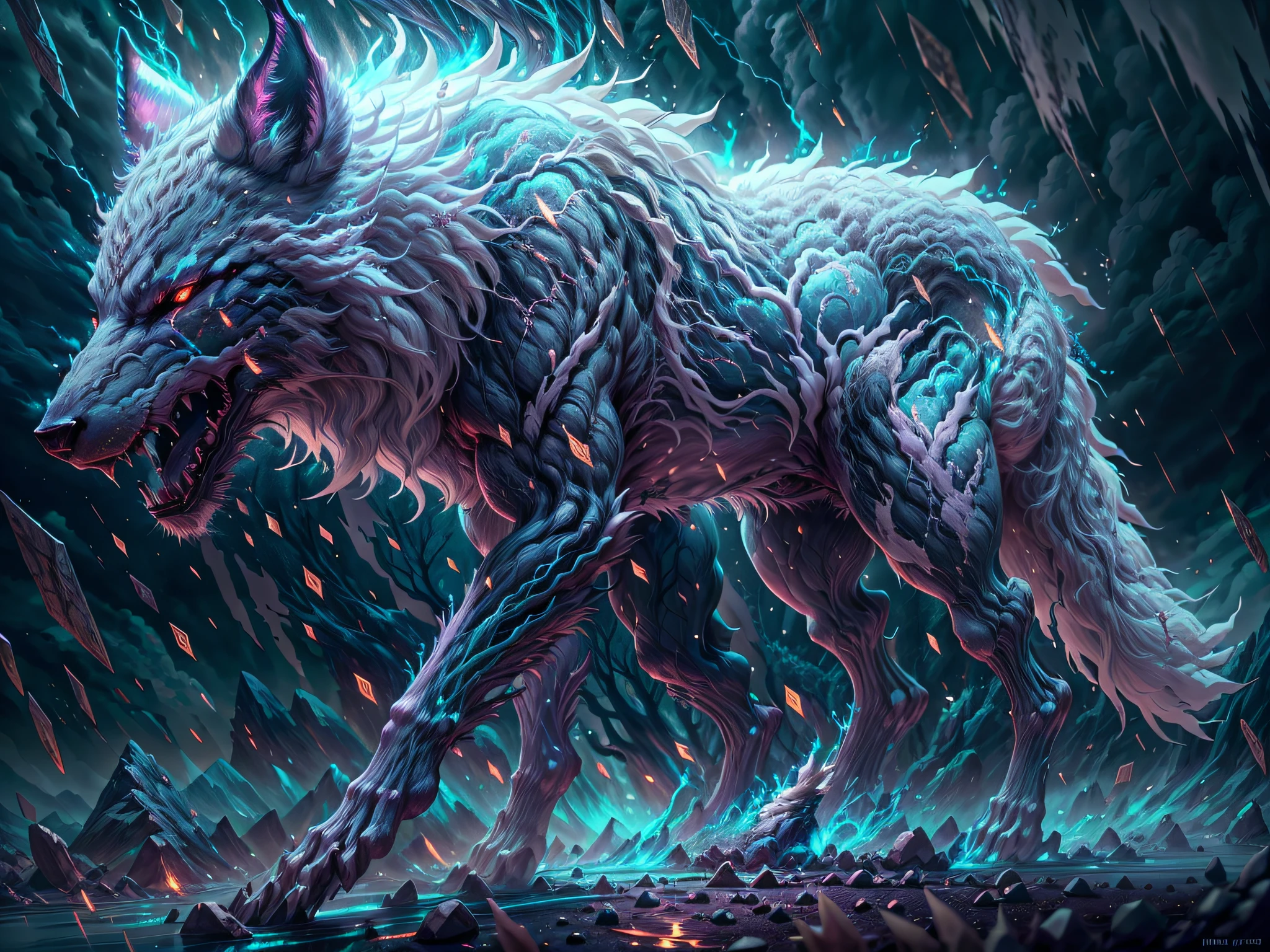 Mythical wolf, White azure fur cover body, Deer antlers, Wolf in a thunderstorm, The magic of lightning pierces the body, Sharp teeth and claws, Stand on four legs, Energy aura, Darkray,Detailed,Realistic,4K highly detailed digital art,Octane Render, bio luminescent ,8K resolution concept art, Realism,by Mappa Studios,masutepiece,Best Quality,Official art,Illustration,ligne claire,(Cool_Color),Perfect composition,absurderes, Fantasy,Focused,rule of third