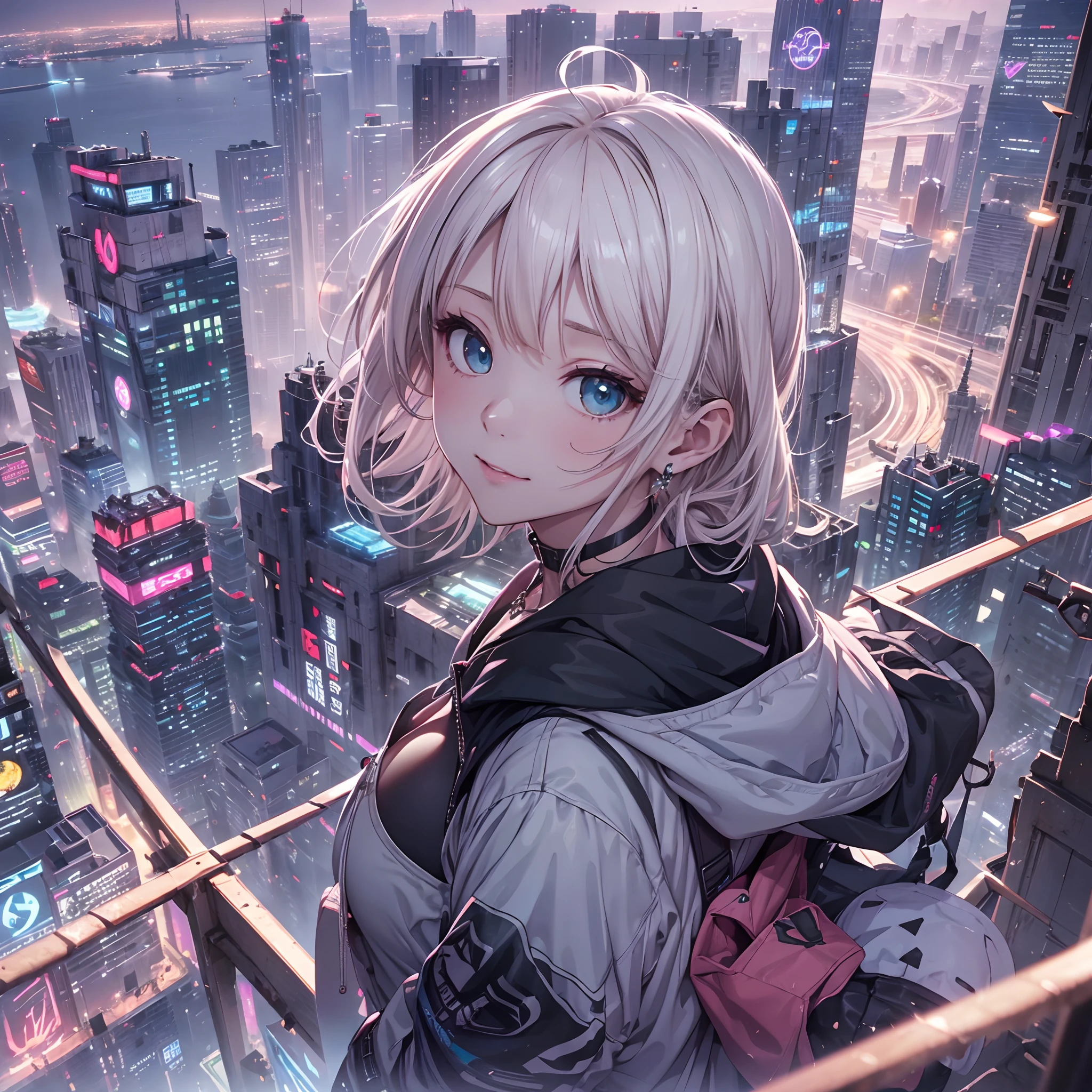 absurderes, hight resolution, (Official art, Beautiful and aesthetic:1.2), best qualtiy、(1girl in:1.8)、(独奏:1.7)、ultra-detailliert,bright colour, Anime Face、extremely beautiful face and eyes,Naughty smile、(Platinum Blonde Hair:1.4) 、(Short low twin tail),(Pink Open Hoodie)、Colossal tits、(cleavage:1.2)、Blushing、(cyan eyes:1.2)、deep in the night、You can see the sea in the distance、Meteor swarm、iridescent lighting、Building Light、Diamond Dust、Superb view、a choker、small earring、(jumpping)、raise two hands、(Black Plaided Pleated Skirt),IsometricFuture, Anime Style School, Isometric cutaway, nigh sky, (Urban landscape of the near future), depth of fields, Full-HD, Rim lighting, Vivid and sharp cinematic lighting, shadowy, chromatic abberation, Art by Art Germ, Greg Rutowski, Square Enix, unreal enginee 5, FXAA, IsometricFuture、Pink light、purple lights、Yellow-green light、(Cyber City)、(Near Future City)、Ruins、