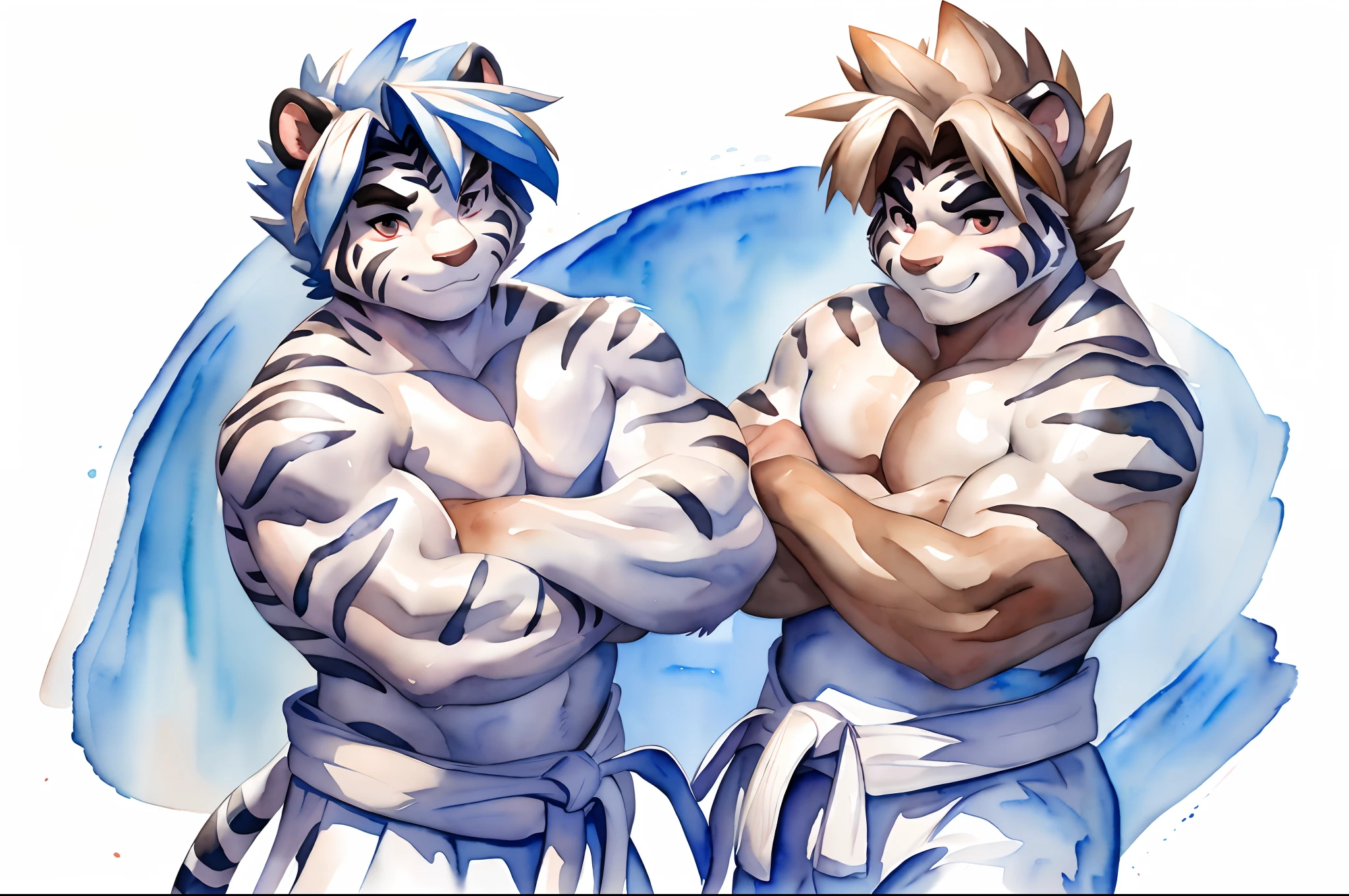 Hominidae, Pose for Camera. 4K, high resolution, Best quality, posted on e621, (Two anthropomorphic white tigers:1.2), Anthropomorphic white tiger, male people, 20yr old, Thick eyebrows, Light blue stripes, Ultra-short hair, shaggy, Strong body, large pecs, ((Shirtless)), They were practicing boxing, Pink milk clusters, sweat leggs, White leggings sweatpants, Small raised, on a grassy field, (sport, Muscular, Heavyweight:1.2), Correct anatomy, (White background, Watercolor background:1.1), (by Chunie, author：Taran Fidler:0.8), (Detailed eyes:1.2), Sexy, (cel-shaded:1.2), cartoon shading, (aquarelle:1.2), Serious expressions, Be red in the face, (view the viewer:1.2)