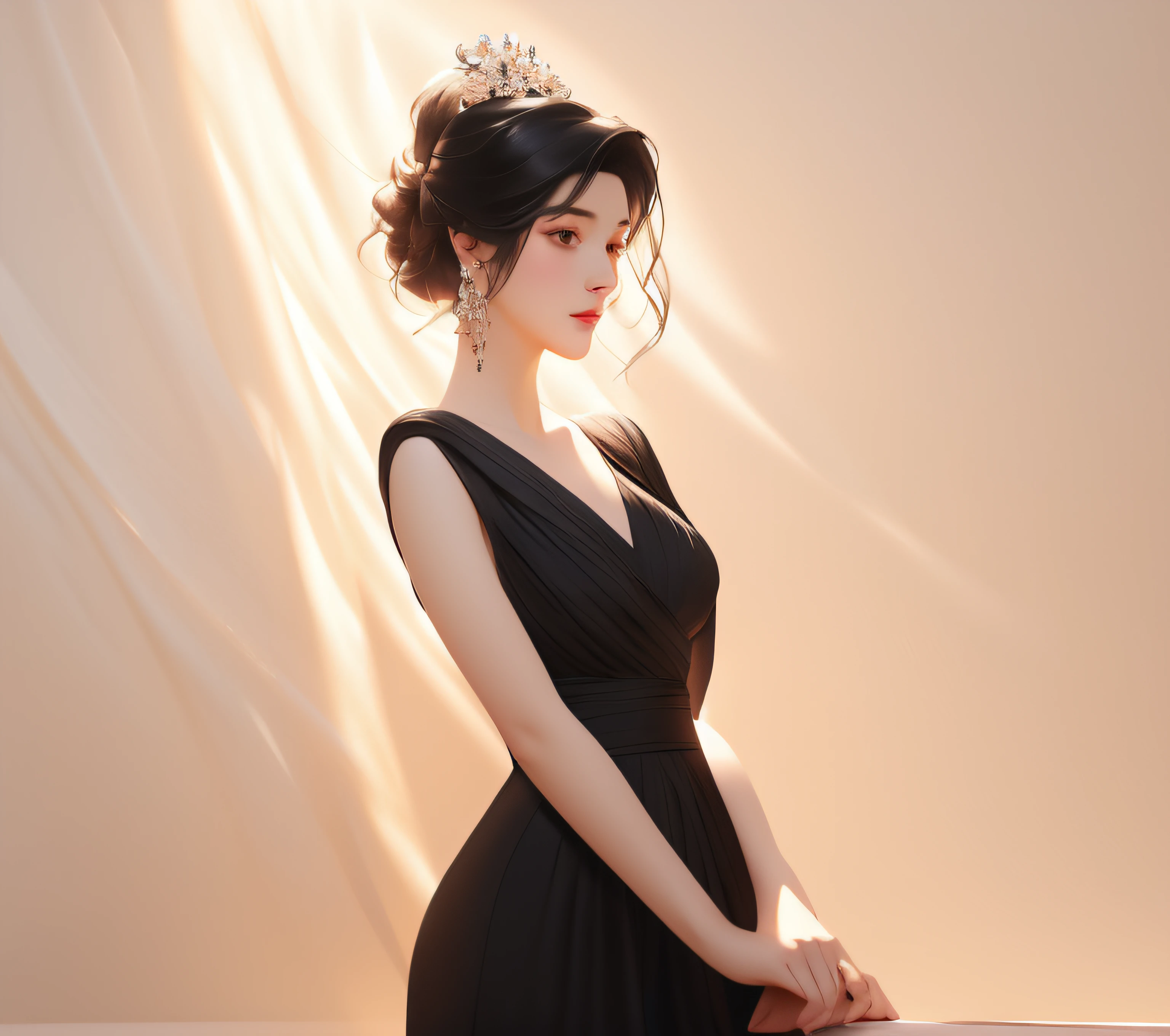 There was a woman in a black dress,Wearing earrings, Girl in black dress, digital art of an elegant, an elegant woman in black dress, with short hair, she wears a black dress, high and cold,Sweet cool,Domineering,Playful,elegant profile pose, Girl with black hair, cute elegant pose, portrait of anime woman, in the art style of bowater, character full body portrait,The style of digital illustration, 3 D rendering character art 8 K, stunning art style, Anime style, anime styled 3d, stylized portrait formal pose, Stylized digital art, stunning digital illustration,clean backdrop