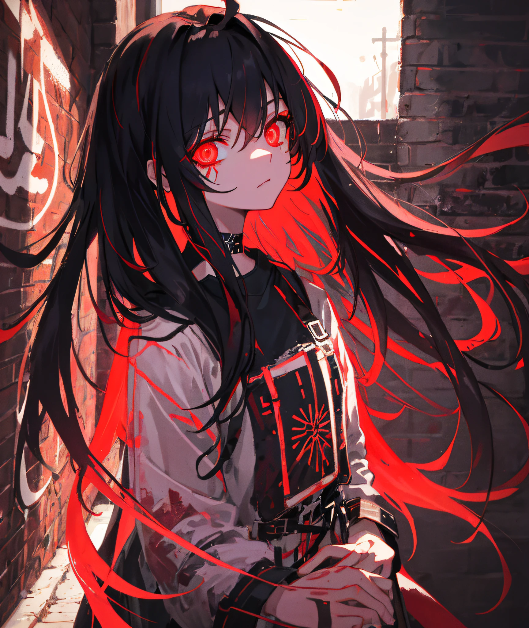 best quality, intricate details, chromatic aberration,
1girl, long hair, black hair, messy hair, red highlights, hair over one eye, red eyes, sharp eyes,
choker, neon shirt, torn legwear, open jacket,
against wall, brick wall, graffiti, glowing grafiti, glowing tattoos, glow, neon lights,
blacklight,