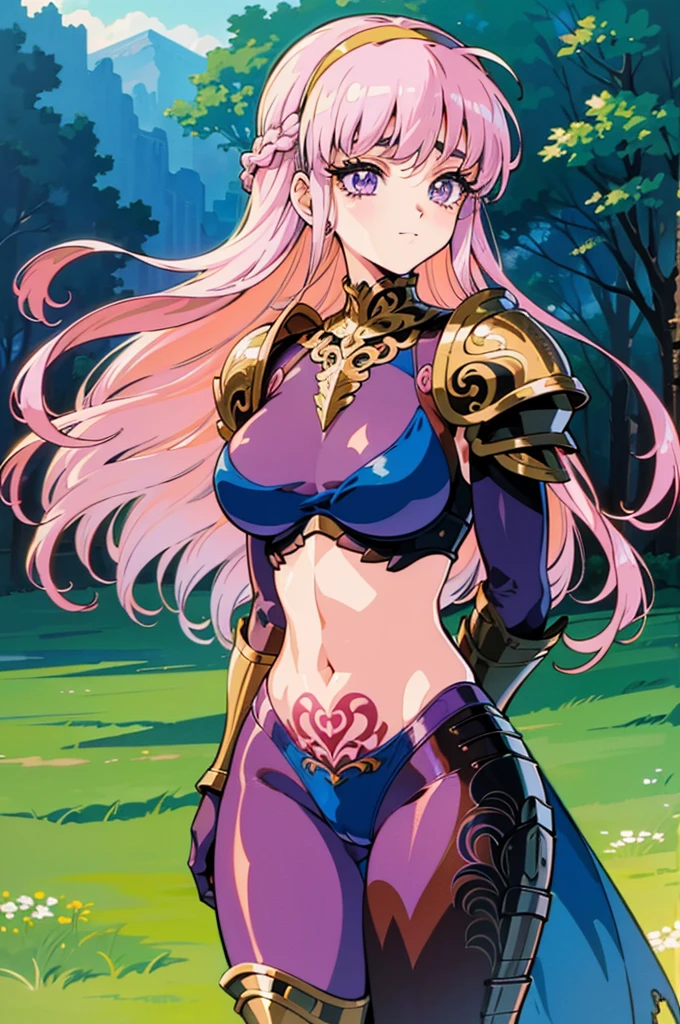 "(masterpiece:1.1), best quality, 
1girl, (80s anime style:1.4), (eyelashes:1.5),
(intricate high detailed body:1.2), 
pink hair, 
(blunt bangs:1.1), (long hair, french braid:1.1), (headband:1.2), 
purple eyes, (thick eyebrows:1.1), 
(muscular body:1.2), (large breasts:1.1), 
light smile, 
(high cut bikini armor, tattoo:1.2), (pantyhose:1.1), 
(knight armor, armored boots:1.2), (frill:1.1), (jewelry:1.1), gloves, 
standing, arms behind back, 
(upper body, looking at  viewer:1.1), 
(daytime, grassland,  outdoors:1.1)"