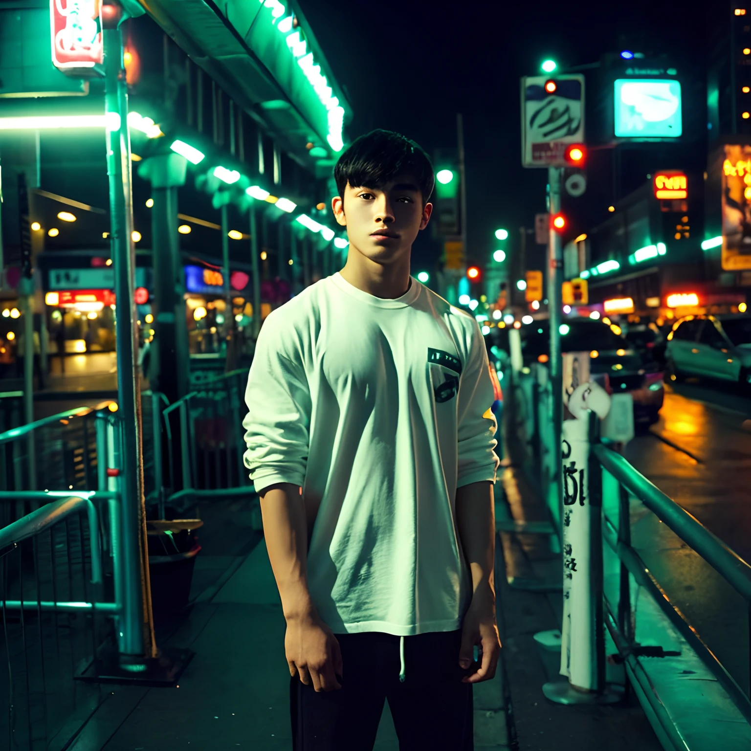 A young man、20yr old、Man's、well-muscled、The whole body of the tall body is in a state of depression.、nightcity、neons、deadpan、Have sex appeal、A shady world、Wearing fashionable clothes、