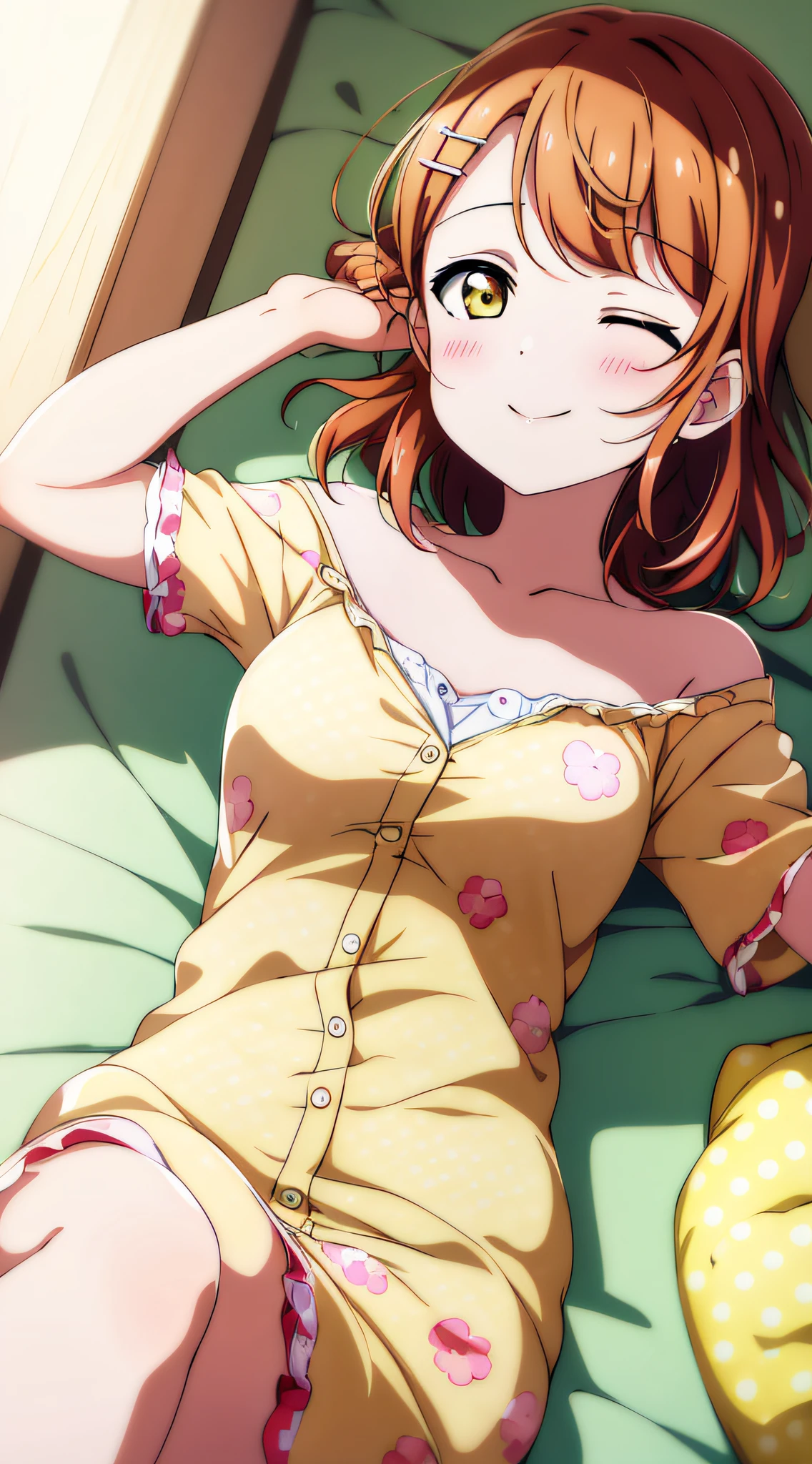 high quality, best quality, masterpiece,, ayumu uehara, 1girl, Anime-style color grading, bushiroad studio coloring style, yellow eyes, medium hair, night day, pajamas, smile, sleeping, HD, 4k, high quality, chatting with viewer, holding viewer hands