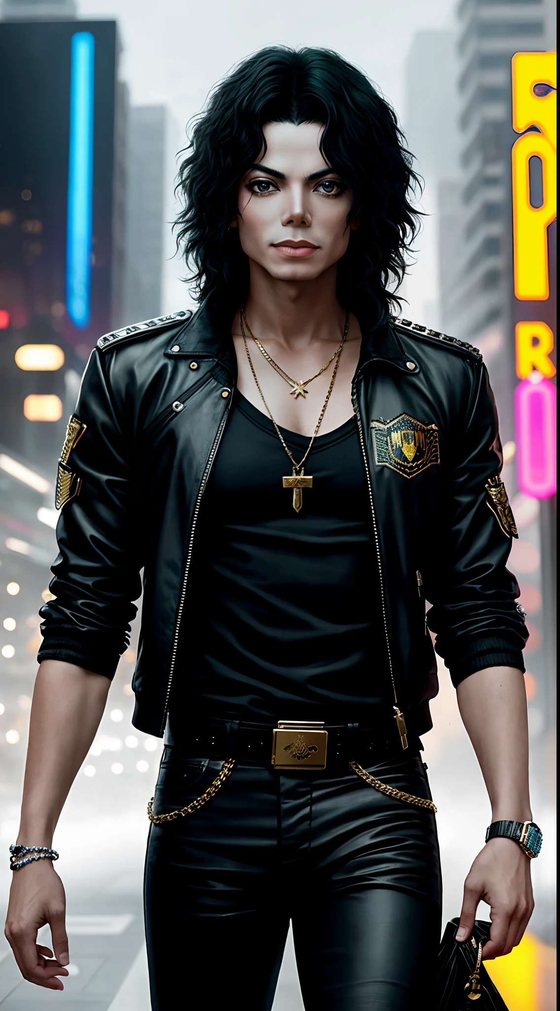 una foto hyper realista de un Michael Jackson, fondo, estilo Cyberpunk 2077, banda de oro cruzando su pecho