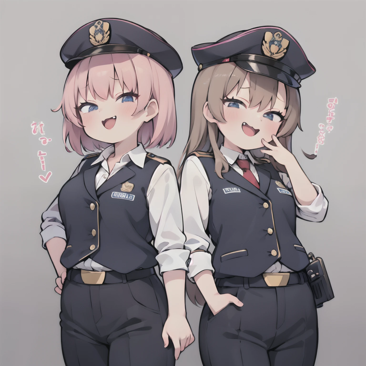 (Best Quality:1.2),(masutepiece:1.2),  multipel Girls,hightquality、hight resolution、High quality、2girls。policewoman。female cop。Lori。mesugaki,policeman's cap。(Yuri:0.7),(Cuffed:1.3),Gray background, Same uniform,Dutch Angle,