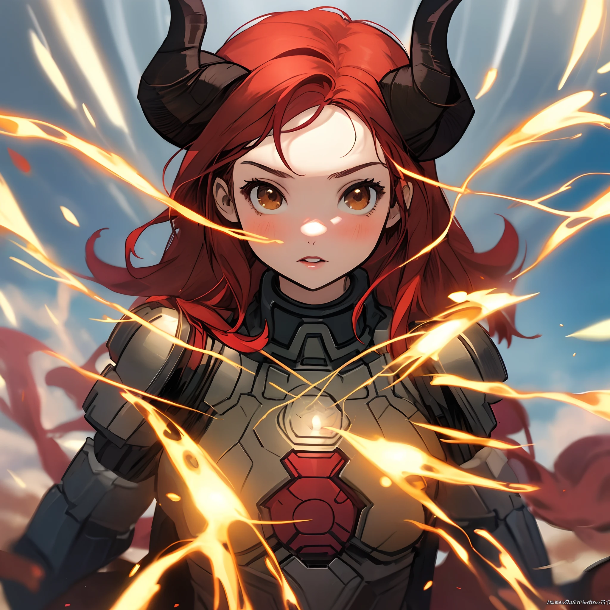 marvel comic art of a 16 year old red haired girl with brown eyes who has ram horns and can teleport who is friends with the gaurdians of the galaxy