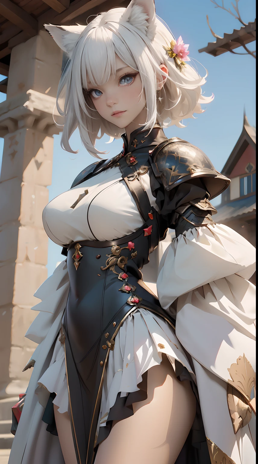 Beautiful fox woman medieval knight, 1 Fox Girl Race, Wearing black and Victoria dress armor, Standing on a green hill, Against the backdrop of a clear sky, Very cute fox lace face, Detailed face and eyes of Insunry, Perfect lips, very beautiful and feminine, Big Breast, White hair, asymmetrical bangs, Short hair, a purple eye, radiant eyes, fluffy tail, Fluffy fox ears, earless humans, Complex and detailed armor, Anime style, Cowboy Shot, From above, globalillumination, Shadow, character edge light, Dramatic, Cinematic lighting, Fine expression, Fine detail, masutepiece, In the style of Yusuke Murata.