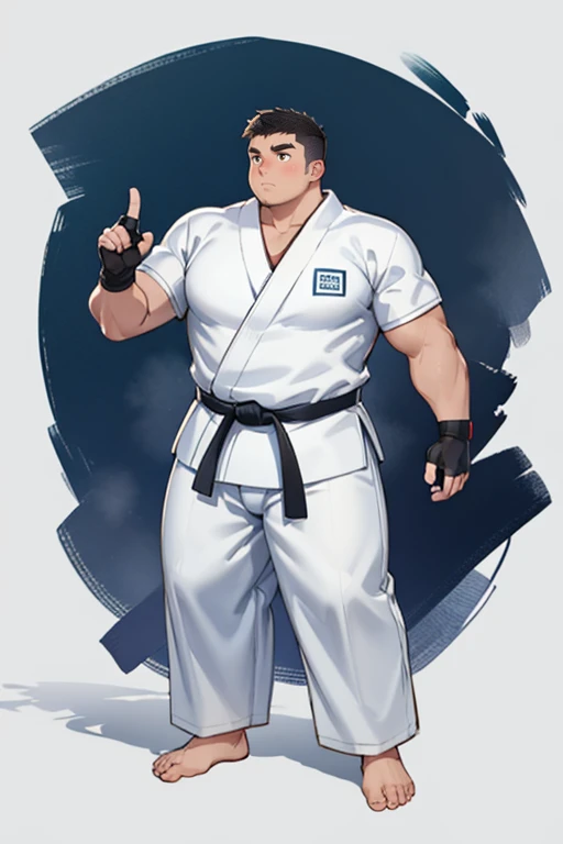 ((1boy_only, (solo), chibi:0.25)), (chubby:1.5, stocky:1.2, round_face), ((white judo gi)), ((dougi)), barefoot, ((long pants)), (bara:1.3), (shota:0.45), buzz_cut, full body shot, ((cool, cute, awesome)), (fingerless gloves), (front_view), (chubby_face:0.8),Male focus, standing_idle, (serious_look:0.4)