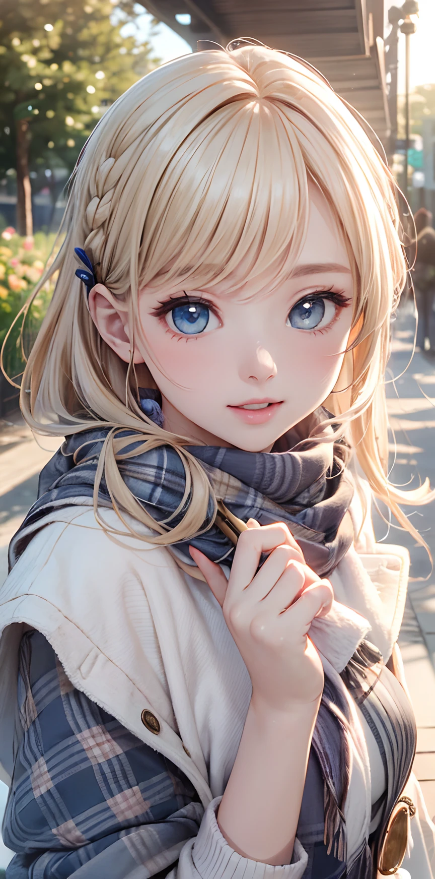 (masterpiece),(top-quality:1.2),1girl in,(masuter piece:1.3),exquisitedetails, Highest quality 8K resolution, Ultra-detailed, Realistic, Vibrant colors, Soft tones, With warm and gentle lighting,(Beautiful plaid scarf:1.3),(Preet Pink Ruffled Ribbon Dress,) (Brown long coat:1.2) early evening,Big sunset,(Smooth straight blonde hair:1.2),(Hair parted in the middle:1.3),(Glowing hair),(Dark blue eyes:1.3),White skin, hair clips,Overflowing soft and gentle feelings,(The promenade is full of flowers),The sun's rays illuminate joy and pure love, Warm golden glow,The atmosphere is full of happiness and laughter, As if celebrating love,Sticking to ultra-detailed depictions and vivid colors. In a style that blends romanticism and realism、You can feel the depth of love,color palettes,Create an ethereal atmosphere like a dream,and the lighting is soft and diffused, Shine a gentle light on your face,The artwork is a masterpiece,