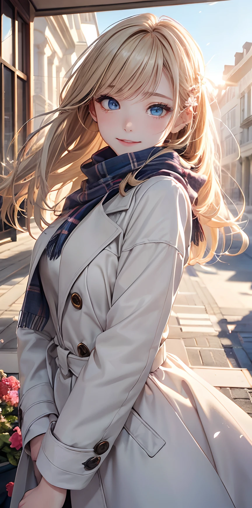 (masterpiece),(top-quality:1.2),1girl in,(masuter piece:1.3),exquisitedetails, Highest quality 8K resolution, Ultra-detailed, Realistic, Vibrant colors, Soft tones, With warm and gentle lighting,(Beautiful plaid scarf:1.3),(Preet Pink Ruffled Ribbon Dress,) (Brown long coat:1.2) early evening,Big sunset,(Smooth straight blonde hair:1.2),(Hair parted in the middle:1.3),(Glowing hair),(Dark blue eyes:1.3),White skin, hair clips,Overflowing soft and gentle feelings,(The promenade is full of flowers),The sun's rays illuminate joy and pure love, Warm golden glow,The atmosphere is full of happiness and laughter, As if celebrating love,Sticking to ultra-detailed depictions and vivid colors. In a style that blends romanticism and realism、You can feel the depth of love,color palettes,Create an ethereal atmosphere like a dream,and the lighting is soft and diffused, Shine a gentle light on your face,The artwork is a masterpiece,