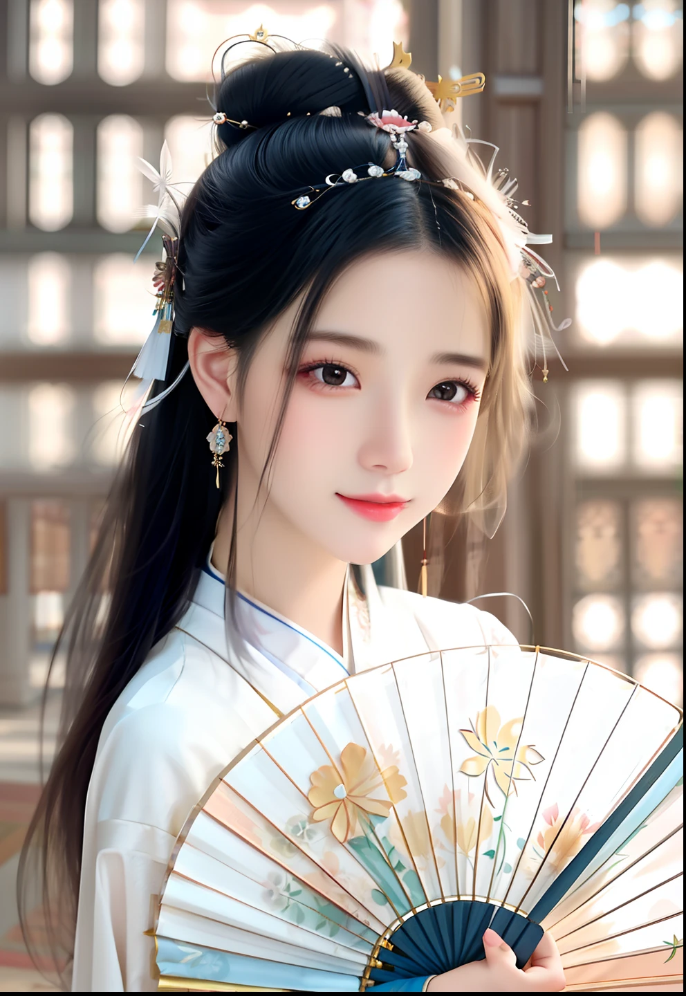 Close-up of a woman holding a fan and a flower, Palace , A girl in Hanfu, Chinese girl, beautiful aesthetic face, beautiful delicate face, cute delicate face, beautiful Korean women, gorgeous chinese models, author:FAN Qi, author:Yu Zheding, feminine beautiful face, Traditional beauty, ruan jia beautiful!, Beautiful Asian girl, Very beautiful girl