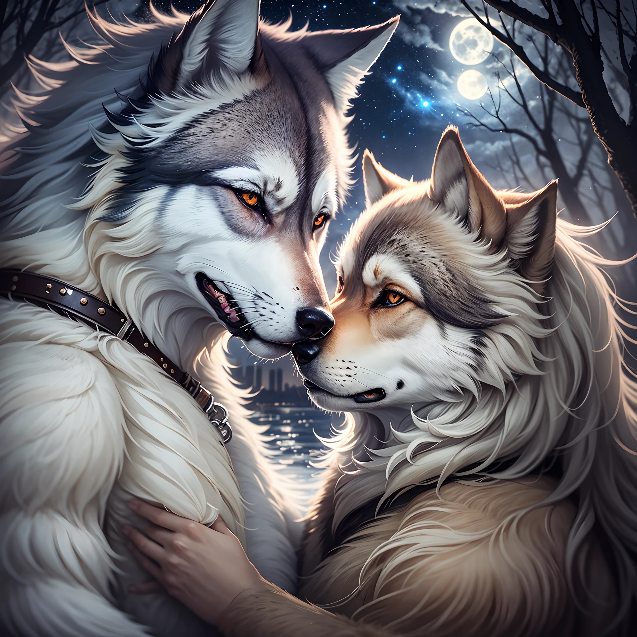 Under the moonlight, a man and a wolf embraced each other. Their eyes were full of love and trust. They were an inseparable pair, a mysterious man from the east and a wild wolf from the north. --auto --s2