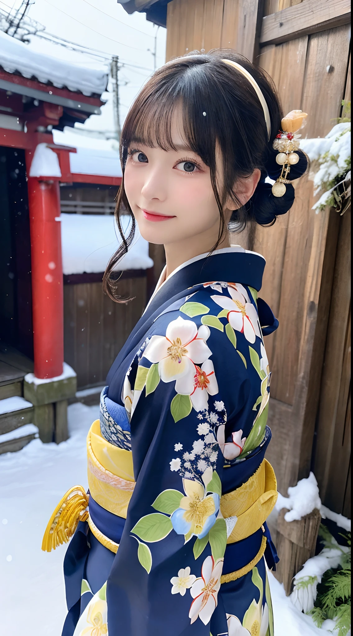(Kimono)、、(top-quality,masterpiece:1.3,超A high resolution,),(ultra-detailliert,Caustics),(Photorealsitic:1.4,RAW shooting,)Ultra-realistic capture,A highly detailed,high-definition16Kfor human skin、 Skin texture is natural、、The skin looks healthy with an even tone、 Use natural light and color,One Woman,japanes,,kawaii,A dark-haired,Middle hair,(depth of fields、chromatic abberation、、Wide range of lighting、Natural Shading、)、、(Falling snow:1.2)、(Hair swaying in the wind:1.2)、(Snow reflects light:1.2)、Back lighting、Slightly open mouth、Surprised look、Happy expression、Facing the front、Fancy Hair Set、He wears a kanzashi on his head、Wearing an ornament on the head、Japan Traditional Hair Sets