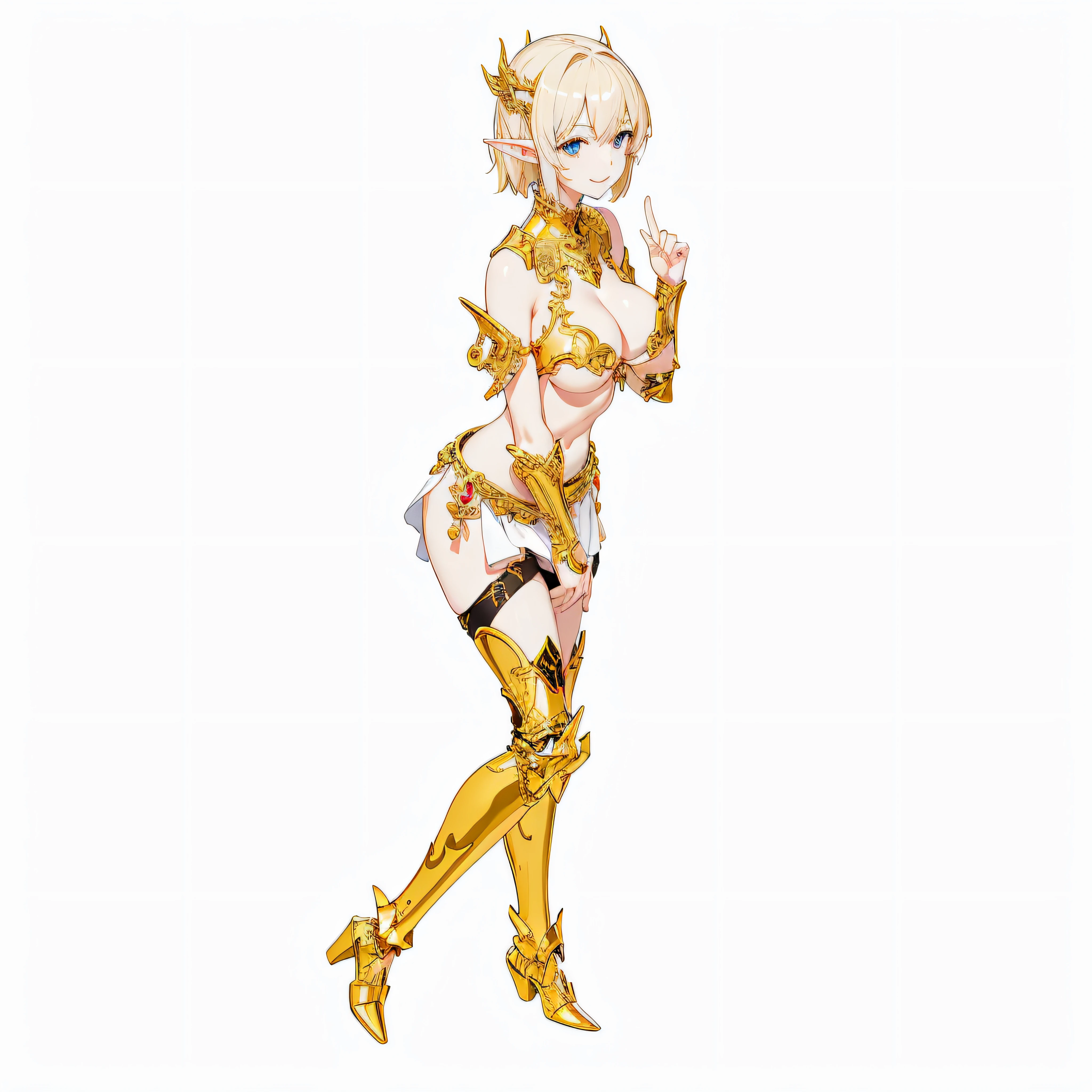 masterpiece、top-quality、ighly detailed、hight resolution、16k、fullnude、Boob proportions、golden armour、Very thin skirt、Full body like、Very white skin、Beautiful fingers、Anime girl with very big breasts posing naked、Perfect Style、elvish、no-bra、Blonde blue-eyed、A smile、An elf girl