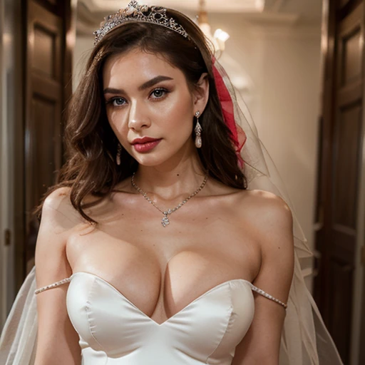 A sultry photoshoot with a brunette influencer. Wearing strapless diamond wedding dress, Shy, exuding charisma and style. F-Cup. Slim fit body. Dangling diamond Earrings. Party, diamond necklace, cleavages, heavy makeup, lipsticks, eye shadow, bracelets,  tiara, veil