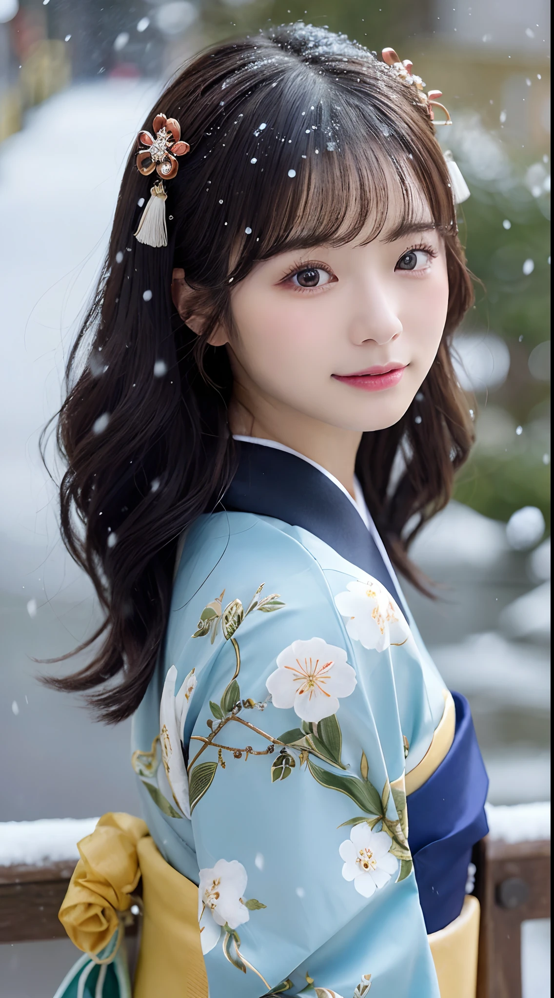 (Kimono)、、(top-quality,​masterpiece:1.3,超A high resolution,),(ultra-detailliert,Caustics),(Photorealsitic:1.4,RAW shooting,)Ultra-realistic capture,A highly detailed,high-definition16Kfor human skin、 Skin texture is natural、、The skin looks healthy with an even tone、 Use natural light and color,One Woman,japanes,,kawaii,A dark-haired,Middle hair,(depth of fields、chromatic abberation、、Wide range of lighting、Natural Shading、)、、(Falling snow:1.2)、(Hair swaying in the wind:1.2)、(Snow reflects light:1.2)、Back lighting、Slightly open mouth、Surprised look、Happy expression、Facing the front、Fancy Hair Set、He wears a kanzashi on his head、Wearing an ornament on the head、Japan Traditional Hair Sets