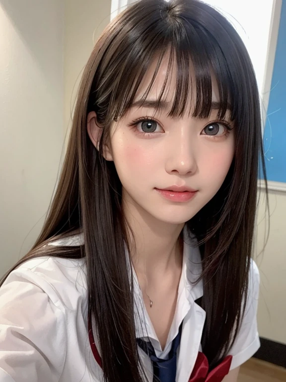 bright expression、photorealisim、top-quality、超A high resolution、a picture、Photos of the most beautiful Nordic girls、Detailed cute and beautiful face、a small face、(pureerosface_v1:0.008)、Beautiful bangs、alice in the wonderland、18year old、Glowing white shiny skin、Hair tangled in the face、Bangs that extend to the face、bangss、Hair between the eyes、Super long hair、Attractive brown super long straight silky hair、finer hair、Attractive sparkling beautiful bright clear light blue eyes、School Uniforms、student clothes、eye liner、Double eyelids、ample breasts、Reflecting thighs、Dynamic Pose