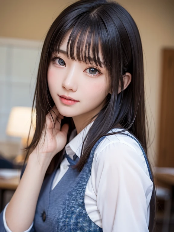 bright expression、photorealisim、top-quality、超A high resolution、a picture、Photos of the most beautiful Nordic girls、Detailed cute and beautiful face、a small face、(pureerosface_v1:0.008)、Beautiful bangs、alice in the wonderland、18year old、Glowing white shiny skin、Hair tangled in the face、Bangs that extend to the face、bangss、Hair between the eyes、Super long hair、Attractive brown silky hair、finer hair、Beautiful bright and clear light blue eyes with a charming sparkle、School Uniforms、student clothes、eye liner、Double eyelids、ample breasts、Dynamic Pose
