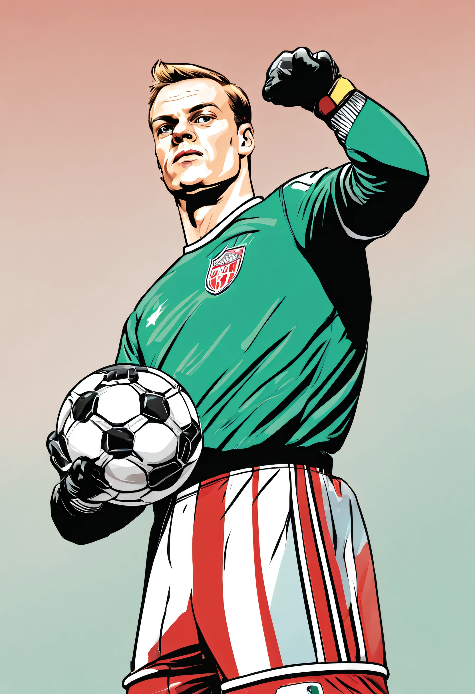 soccer player, Manuel Neuer, Stand head-on, Guard status。Hands with sports gloves, Goalkeeping, Bust of Manuel Neuer, Manuel Neuer, footballer, American retro comic book style, Modern era style, close-up, 16k