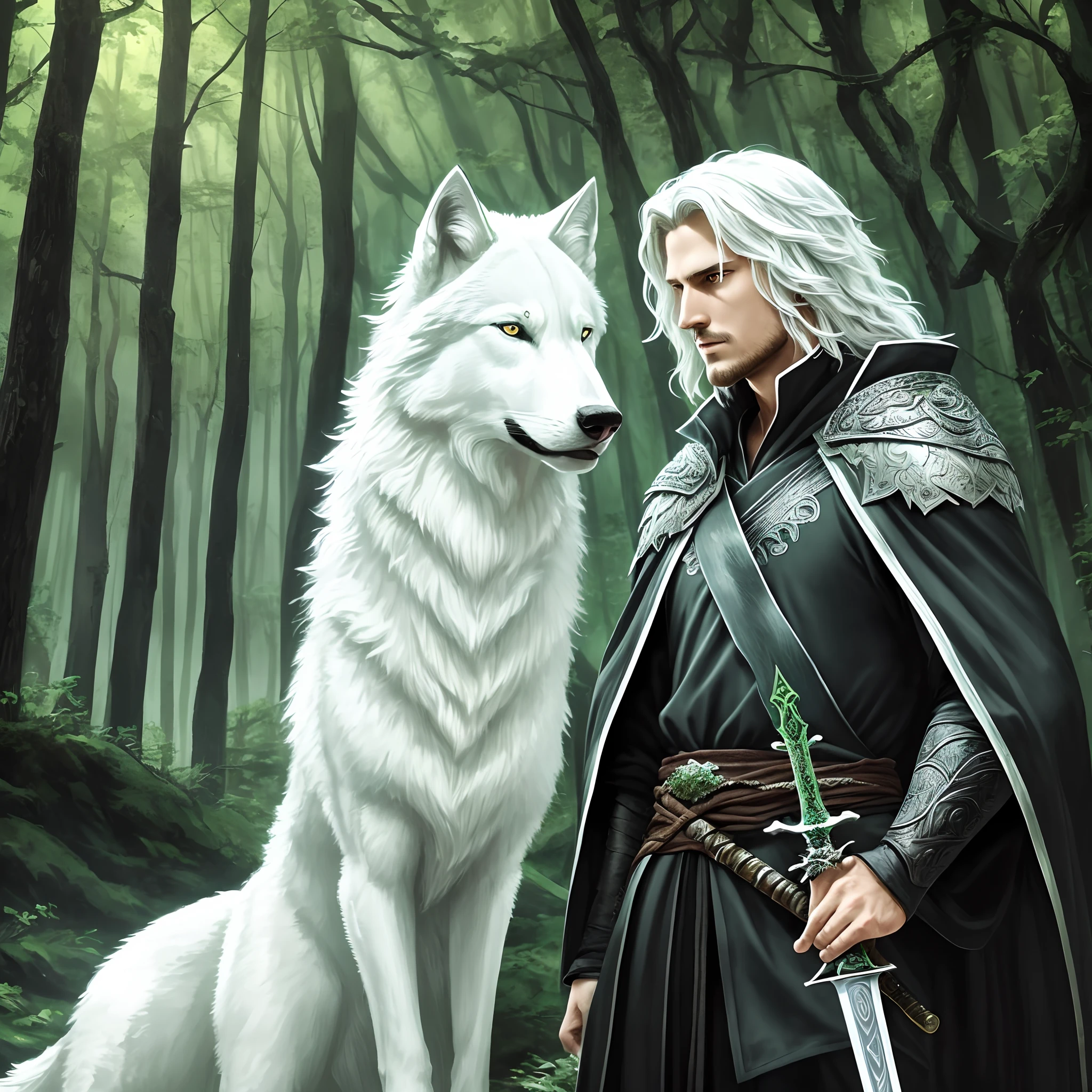 He is wearing a black robe and holding a sword in his hand. Behind him is a green forest, and next to him is a majestic white wolf. He is an adventurer, a wise seeker of truth. --auto --s2