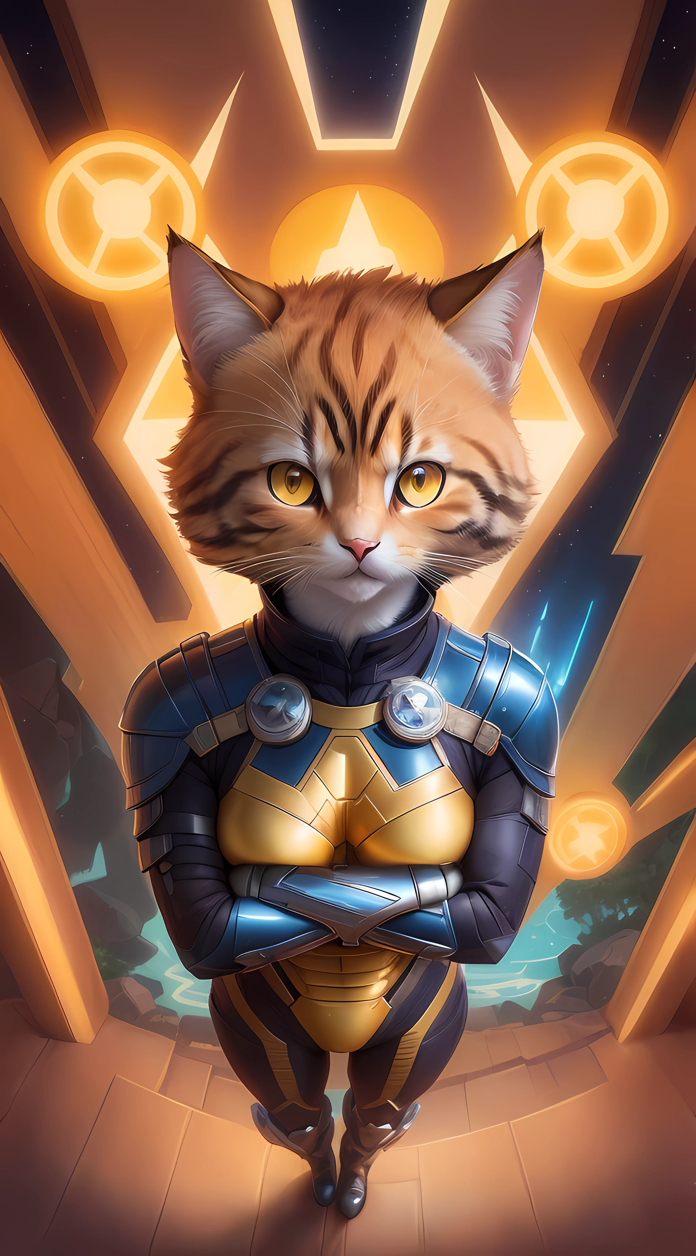 (symmetrical:1.3), (cute cartoon style:1.3), (solo:1.3), Goose Flerken cat Goose from the 2019 superhero ((wearing legendary hero armor)) (((looking at the viewer))), (surrounded by mysterious nature), masterpiece, 4k, highly detailed, shiny, yellow eyes