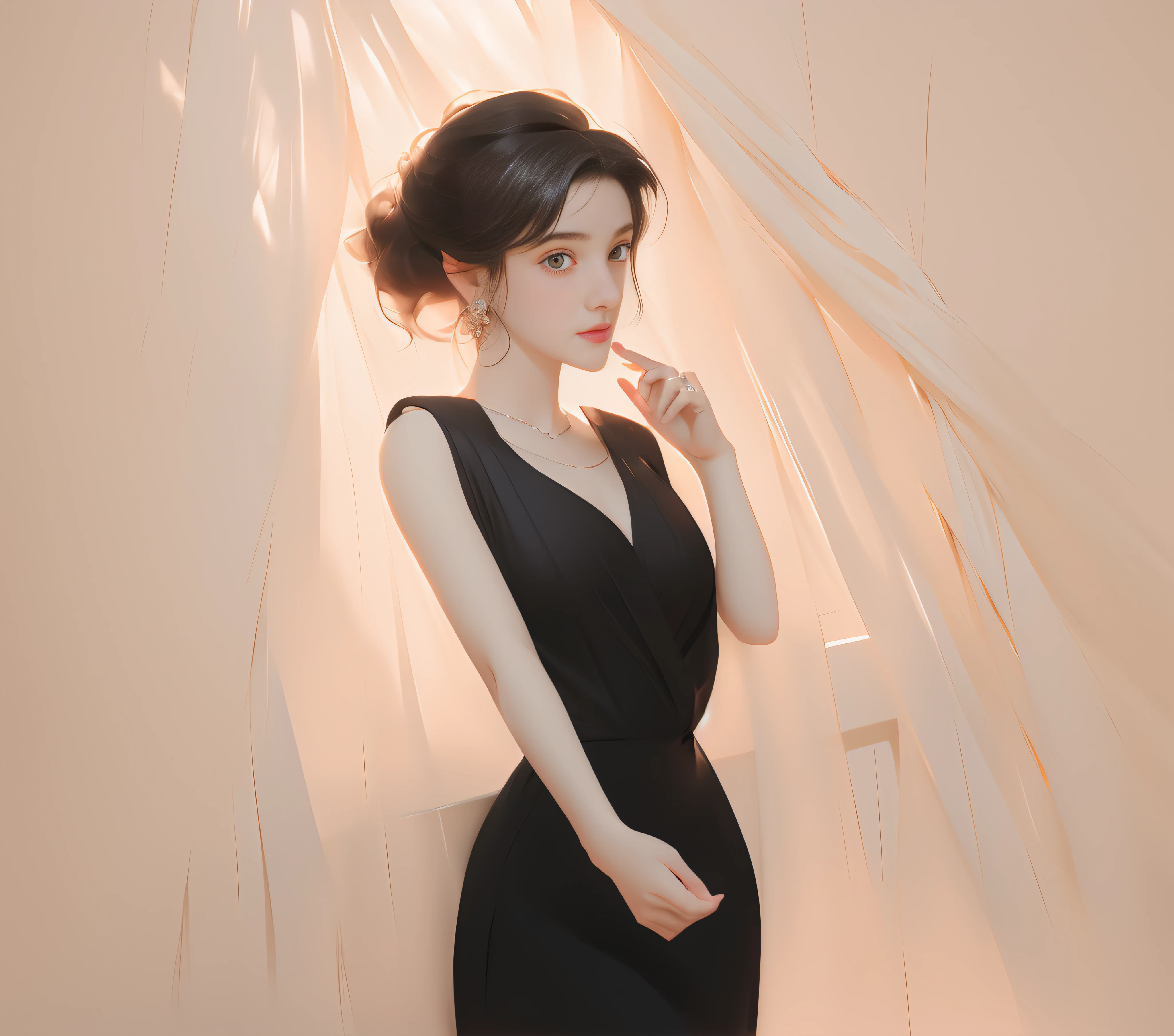 There was a woman in a black dress,Wearing earrings, Girl in black dress, digital art of an elegant, an elegant woman in black dress, with short hair, she wears a black dress, high and cold,Sweet cool,Domineering,Playful,elegant profile pose, Girl with black hair, cute elegant pose, portrait of anime woman, in the art style of bowater, character full body portrait,The style of digital illustration, 3 D rendering character art 8 K, stunning art style, Anime style, anime styled 3d, stylized portrait formal pose, Stylized digital art, stunning digital illustration,clean backdrop