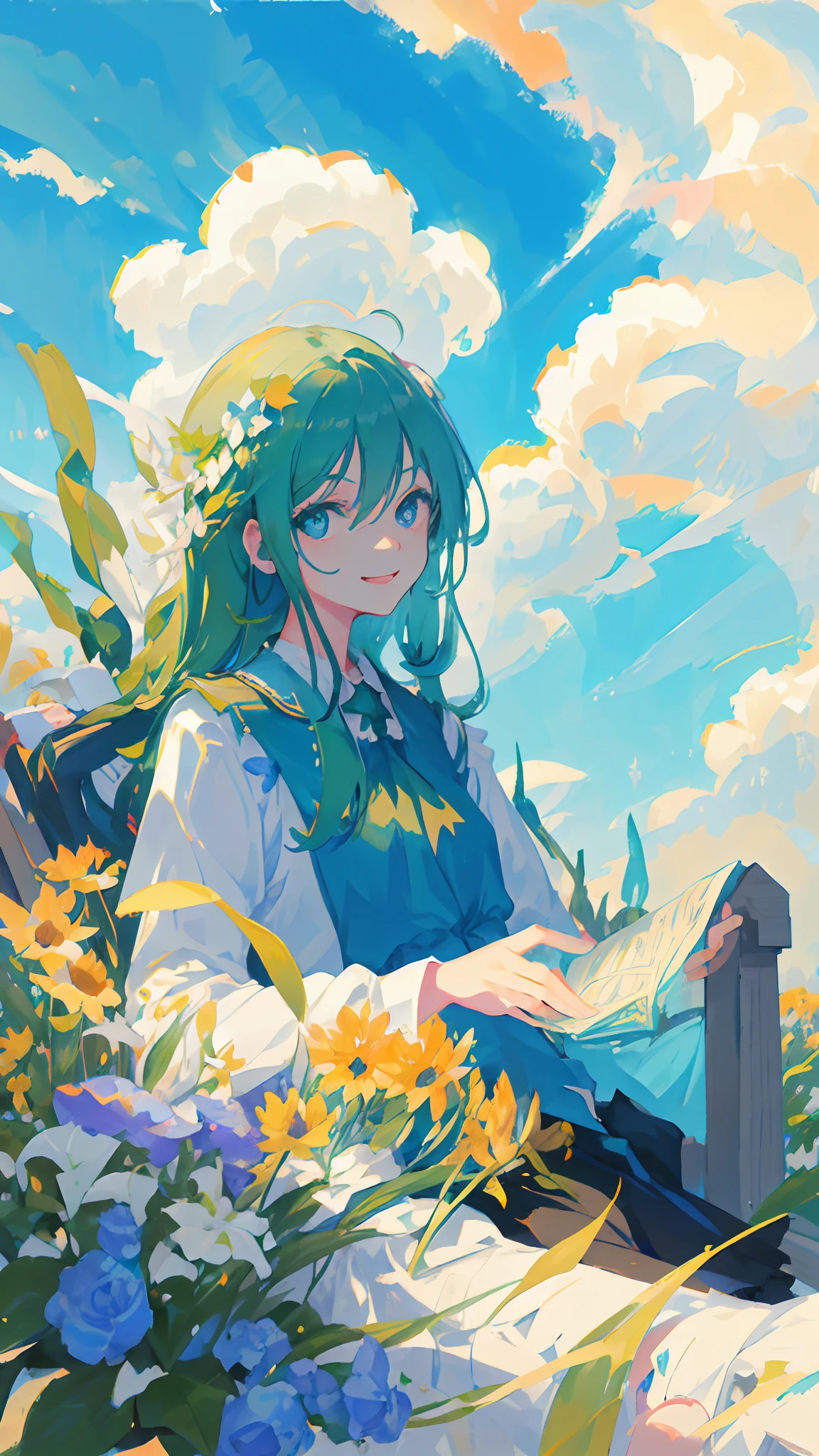 MKSKS, masterpiece, best quality, illustration, close up, straightforward, facial focus, smile, colorful, flowers, green sky, cloud sky, girl with beautiful eyes,