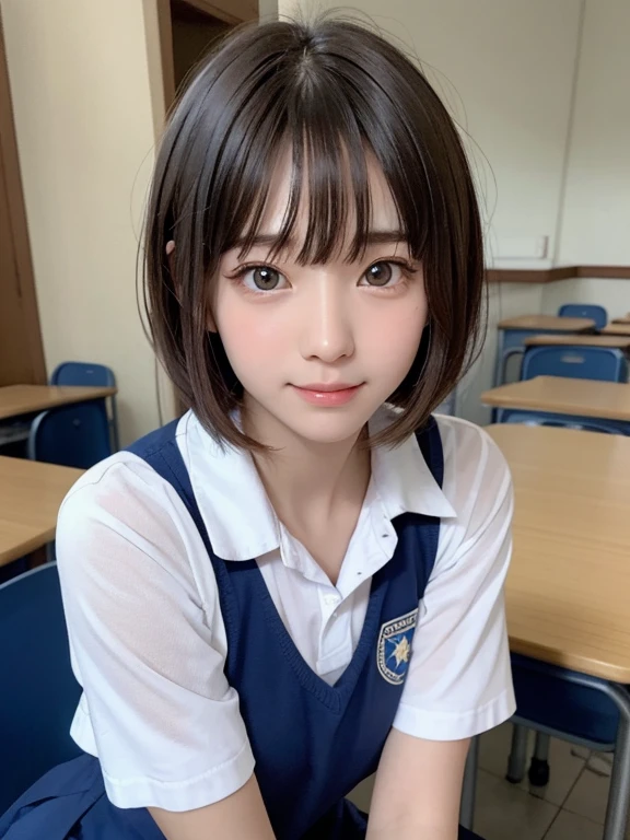 table top, highest quality, 8k, 15 year old naked girl, small breasts、((Big eyes))、(((smile))),学校のclassroom,(((view audience))),RAW photo, (((nude))), award winning portrait,(((Nipples exposed through exposed uniform))), smile, alone, daytime, idol face, delicate girl, Upper body, Digital single-lens reflex camera, looking at the viewer, Frank, Sophisticated, thin arms, soft ray、professional lighting, chromatic aberration, (Eye and face details:1.0), ((realistic))、1 girl, ((girls school uniform)), look at the audience, young face、非常に可愛いsmile, (( open your legs、please open your legs)),show your chest、classroom、(((when you take off your uniform, My chest is exposed)))、short hair,twin tails,perfect anatomy,accurate limbs,precise fingers