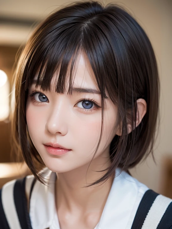 bright expression、photorealisim、top-quality、超A high resolution、a picture、Photos of the most beautiful Nordic girls、Detailed cute and beautiful face、a small face、(pureerosface_v1:0.008)、Beautiful bangs、alice in the wonderland、18year old、Glowing white shiny skin、Hair tangled in the face、Bangs that extend to the face、bangss、Hair between the eyes、Brown pixie cut、finer hair、Bright, clear light blue eyes radiate a charming glow、School Uniforms、student clothes、eye liner、Double eyelids、ample breasts、Dynamic Pose