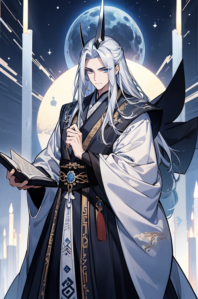 1 man，Mature male，holding a book in his hands, cabelos preto e longos，Outfit in black，独奏，（the night，starrysky，：1.2）long whitr hair, Blue eyes,Chinese folk tales，swordsmen，dynamic angle，