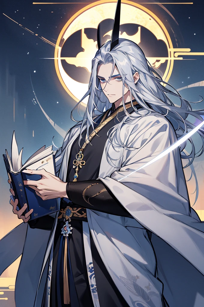 1 man，Mature male，holding a book in his hands, cabelos preto e longos，Outfit in black，独奏，（the night，starrysky，：1.2）long whitr hair, Blue eyes,Chinese folk tales，swordsmen，dynamic angle，