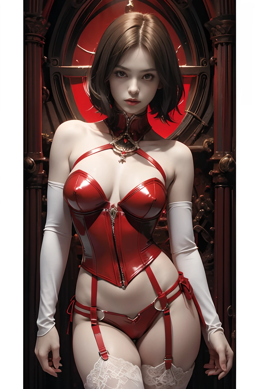 Japan maiden posing in a bright red leather corset,((small tits,well-shaped bust,slim body and constricted waist,,,)), (((Absolute symmetry))),honey birdette, Bright red silk bra＆pantiy,Transparent Panty House、 Bright red sexy corset, Medium, Long White Leather Boots,  lace decoration ,Cybernetic style,Without cloak、nippless,short hair of dark chestnut color,,,,Looking at the camera、Inside the cathedral