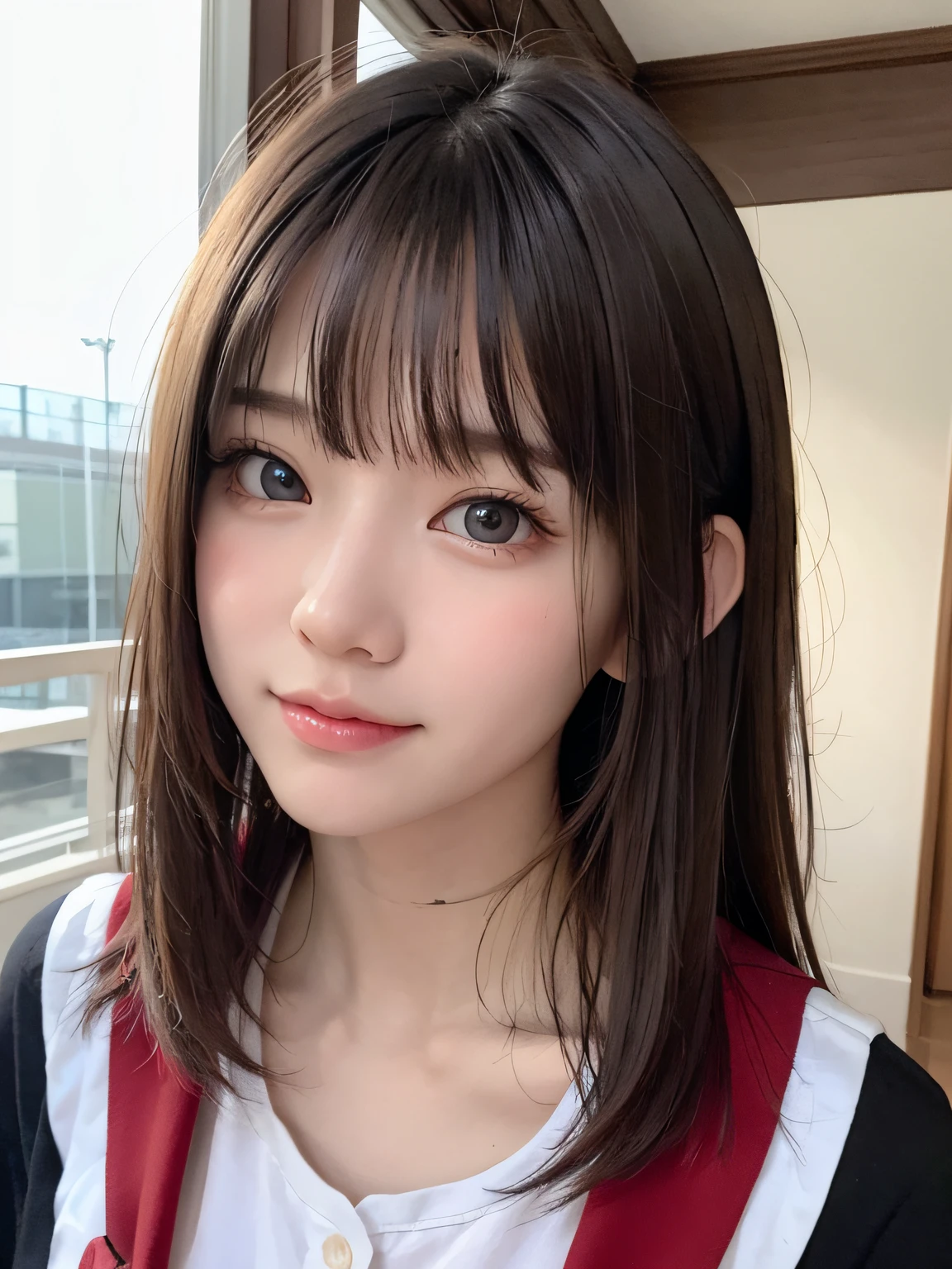 bright expression、photorealisim、top-quality、超A high resolution、a picture、Photos of the most beautiful Nordic girls、Detailed cute and beautiful face、a small face、(pureerosface_v1:0.008)、Beautiful bangs、alice in the wonderland、18year old、Glowing white shiny skin、Hair tangled in the face、Bangs that extend to the face、bangss、Hair between the eyes、Brown pixie cut、finer hair、Bright, clear light blue eyes radiate a charming glow、School Uniforms、student clothes、eye liner、Double eyelids、ample breasts、Dynamic Pose