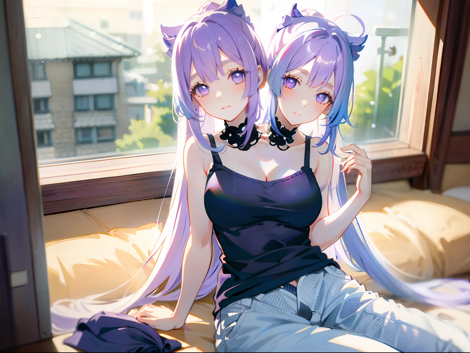 (masterpiece, best quality), best resolution, (2heads:1.5), 1girl, kokomi character, bored, long white hair, one head blue hair, other head purple hair, purple eyes, eyes halfway closed, black tank top, white polka dot long pants, sitting beside a bedroom window, raining outside, rainy day, dark clouds