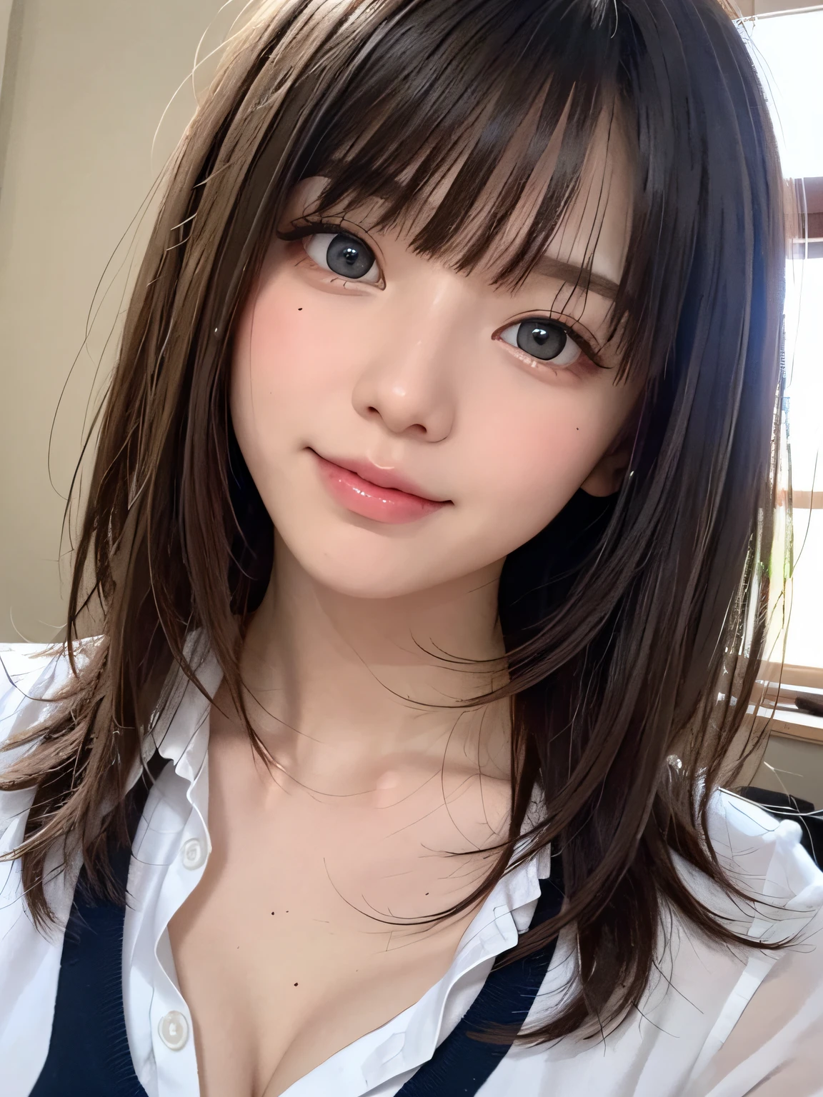 bright expression、photorealisim、top-quality、超A high resolution、a picture、Photos of the most beautiful Nordic girls、Detailed cute and beautiful face、a small face、(pureerosface_v1:0.008)、Beautiful bangs、alice in the wonderland、18year old、Glowing white shiny skin、Hair tangled in the face、Bangs that extend to the face、bangss、Hair between the eyes、Brown pixie cut、finer hair、Bright, clear light blue eyes radiate a charming glow、School Uniforms、student clothes、eye liner、Double eyelids、ample breasts、Dynamic Pose