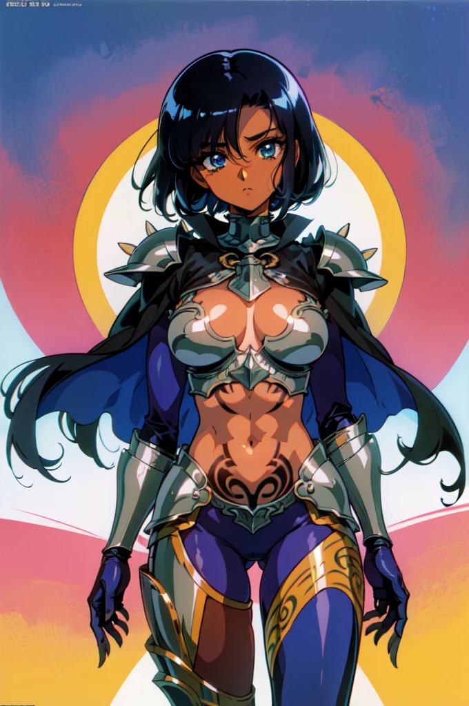 "(masterpiece:1.1), best quality,
1girl, (80s anime style:1.4), (eyelashes:1.5),
(intricate high detailed body:1.2),
black hair,
(forehead:1.2), (medium hair, two side up:1.1),
blue eyes,
(dark skin:1.4), (muscular body:1.2), (huge breasts:1.1),
shy,
(string body suit armor, navel cutout, tattoo:1.2), (pantyhose:1.1),
(spiked knight armor, armored boots, capelet:1.2), (ribbon:1.1), (accessories:1.1), collar,
standing, claw pose,
(upper body, looking at viewer:1.1),
(daytime, grassland, outdoors:1.1)"