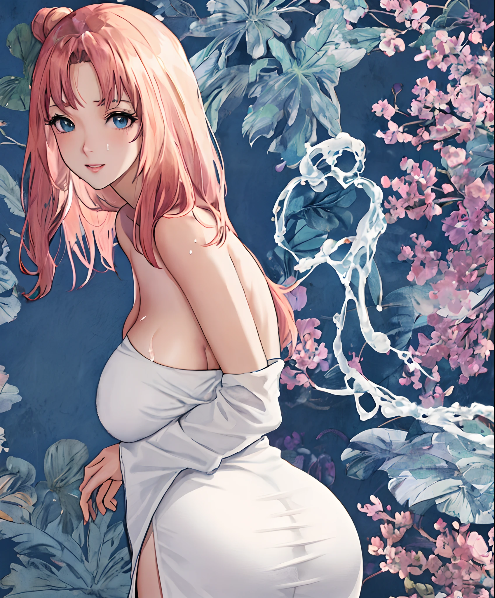 1girl, portrait, bare shoulders, transparent naked towel, sidelighting, wallpaper, huge breast, cum_filled, huge ass, anime, hentai