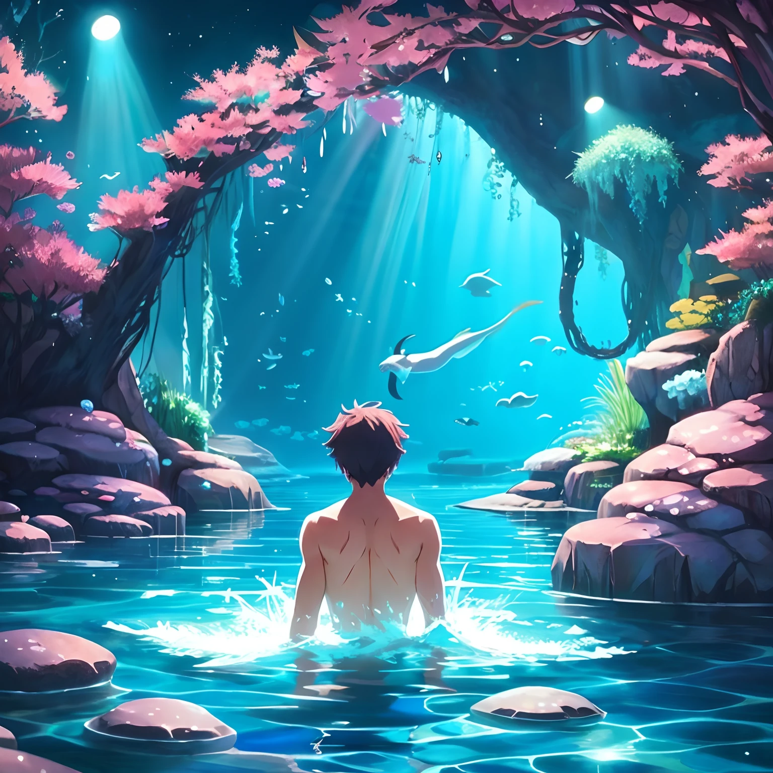 Beautiful illustrations、Anime style、SeaWorld、ember、A young man、20yr old、年轻、Fantastic、Gems Swim、flowingwater、The creature is々、Deep Bottom、I can see the darkness、deadpan、realisitic、Only one person is depressed、Mysterious world、