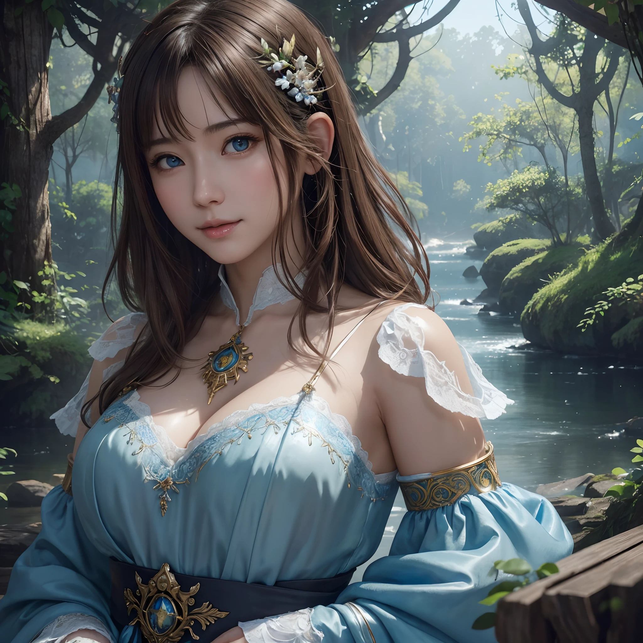 hightquality、8K Ultra HD、fullllbody、1 16-year-old female、Gentle smile、Rich facial expressions、Beautiful legs and sexy thighs、robe blanche、light brown hair、Blue eyes、(The background is a lovely healing forest and the murmur of a river)、cute little、Beautiful fece、portlate、kingfisher、art by:Alberto Seveso、Abstract art style、Complex and intricate watercolor painting 、digitial painting、concept-art、Volumetric lighting、TanvirTamim、metal reflective、2d render、8K。 by artgerm、Trending on ArtStation