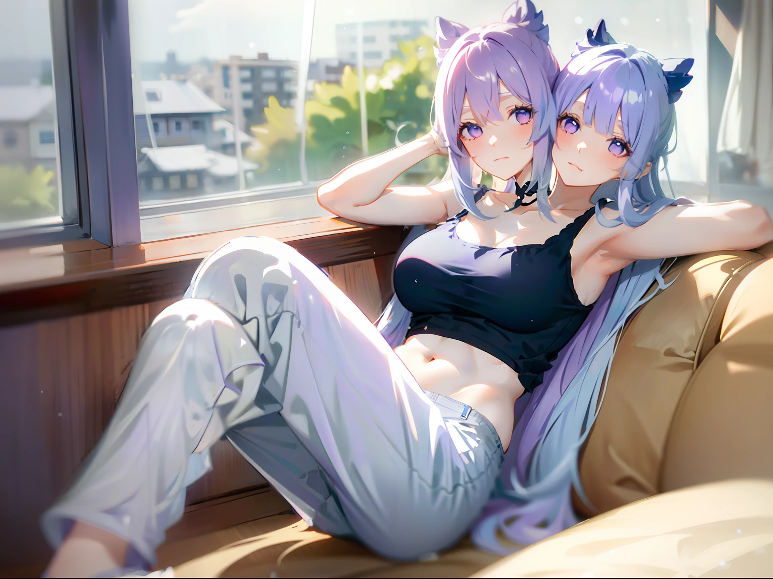 (masterpiece, best quality), best resolution, (2heads:1.5), 1girl, kokomi character, bored, long white hair, one head blue hair, other head purple hair, purple eyes, eyes halfway closed, black tank top, white polka dot long pants, sitting beside a bedroom window, raining outside, rainy day, dark clouds