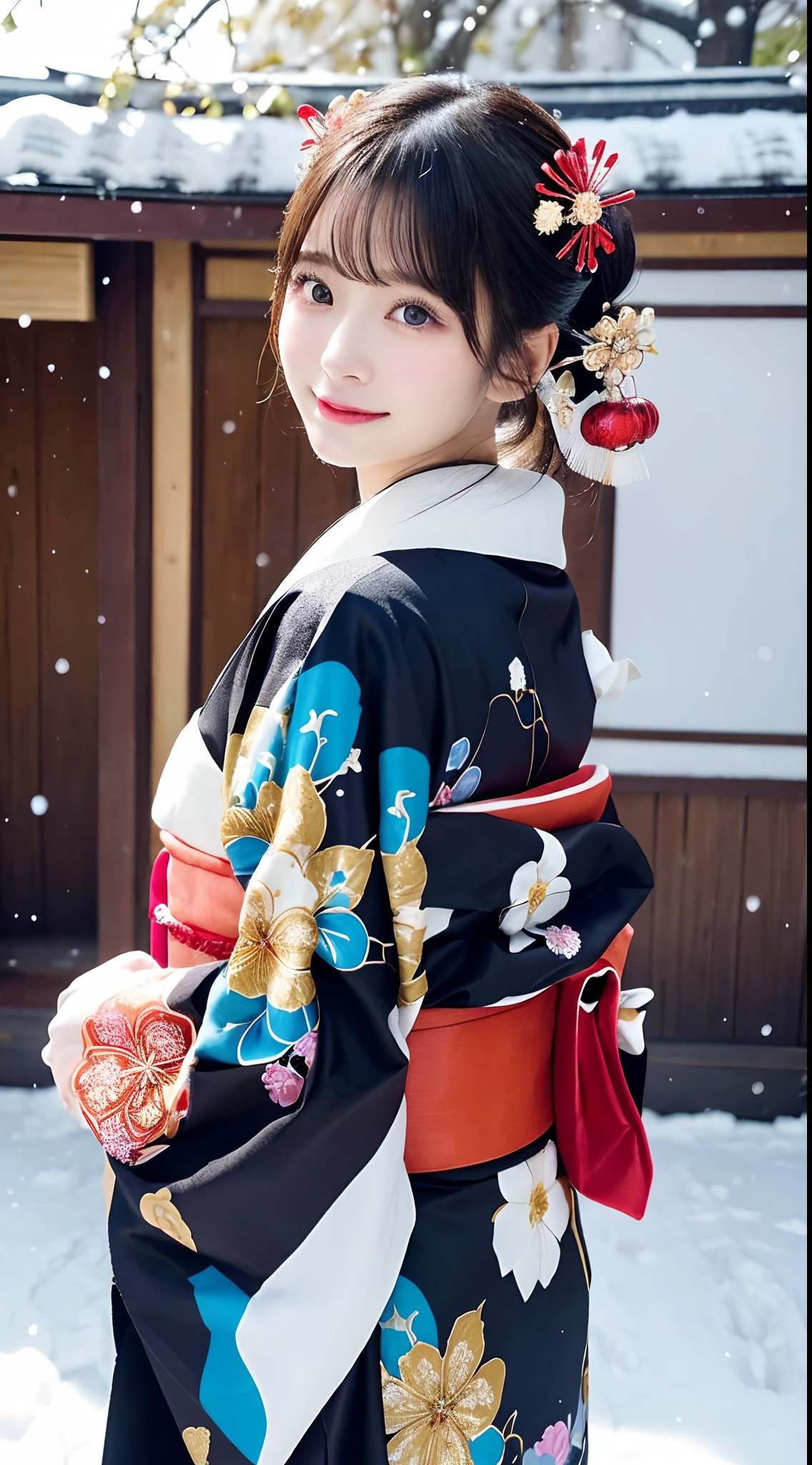 (Kimono)、、(top-quality,​masterpiece:1.3,超A high resolution,),(ultra-detailliert,Caustics),(Photorealsitic:1.4,RAW shooting,)Ultra-realistic capture,A highly detailed,high-definition16Kfor human skin、 Skin texture is natural、、The skin looks healthy with an even tone、 Use natural light and color,One Woman,japanes,,kawaii,A dark-haired,Middle hair,(depth of fields、chromatic abberation、、Wide range of lighting、Natural Shading、)、、(Falling snow:1.2)、(Hair swaying in the wind:1.2)、(Snow reflects light:1.2)、Back lighting、Slightly open mouth、Surprised look、Happy expression、Facing the front、Fancy Hair Set、He wears a kanzashi on his head、Wearing an ornament on the head、Japan Traditional Hair Sets