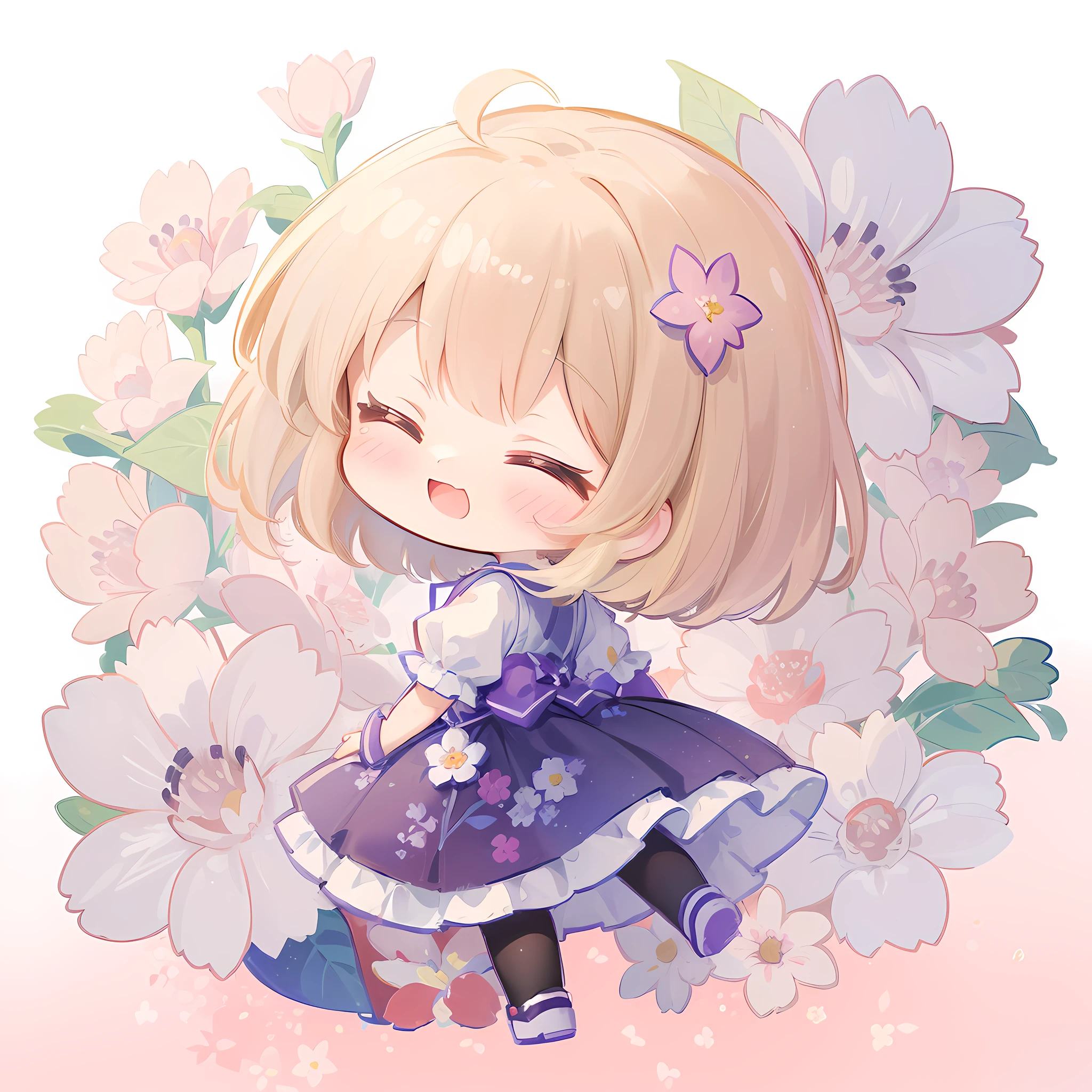 (((masterpiece))), best quality, extremely detailed, anime, (from behind), (friled dress), (frilled skirt), closed eyes, (((a girl))), (((solo))), happy, full body, ahoge, (((deformed))), (((chibi character))), (((floral background))), (white background), (flower field)