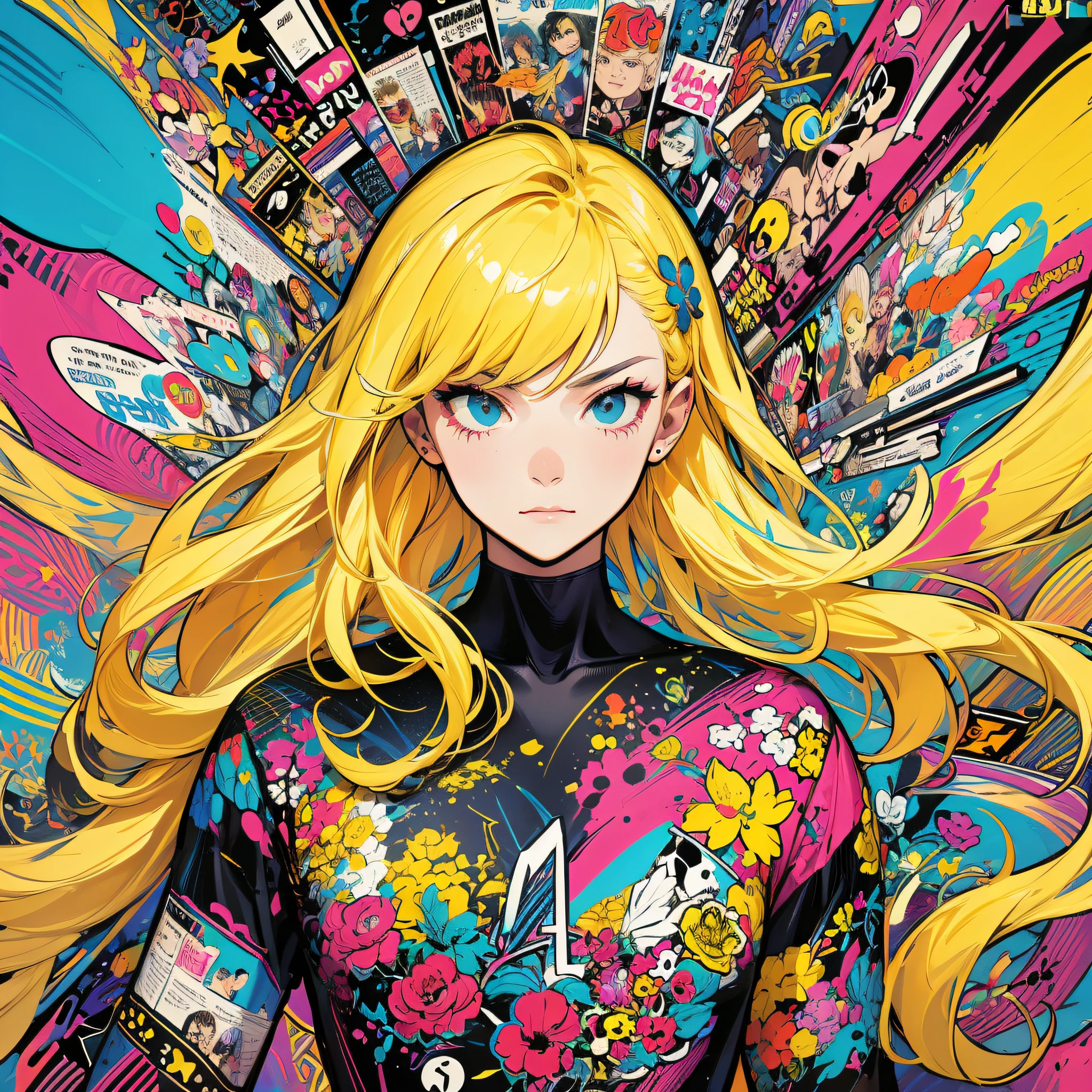 Colorful Pop Art Woman with golden hair comic book style!!, The Art of Comic Styles, , Comic book realism, , with a vibrant Spark The glass is bursting It's full of dynamism Poster style
