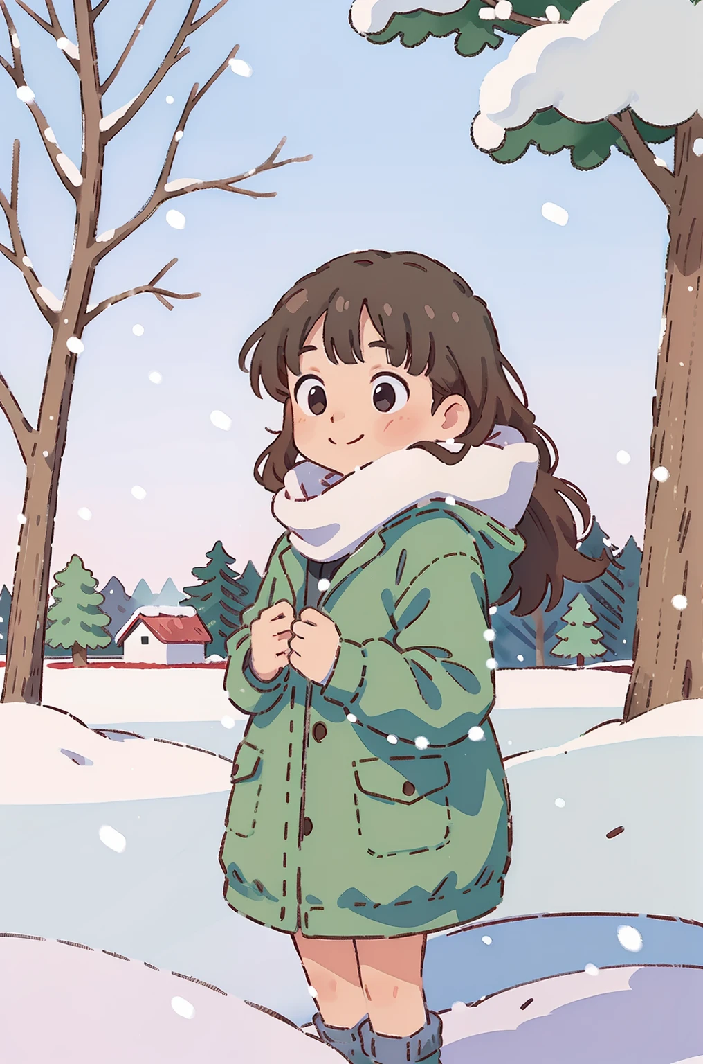 Girl, Long hair, face round, Big eyes, down jacket, Smile, Scarf, winter, park, yukito, White snow, tree, snow cover, in a panoramic view, Front